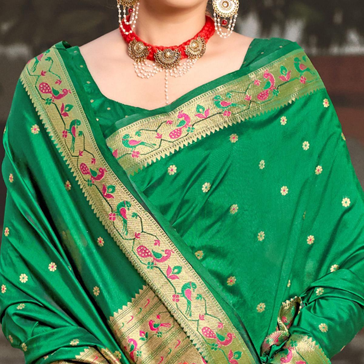 Green Festive Wear Woven Soft Banarasi Silk Saree - Peachmode