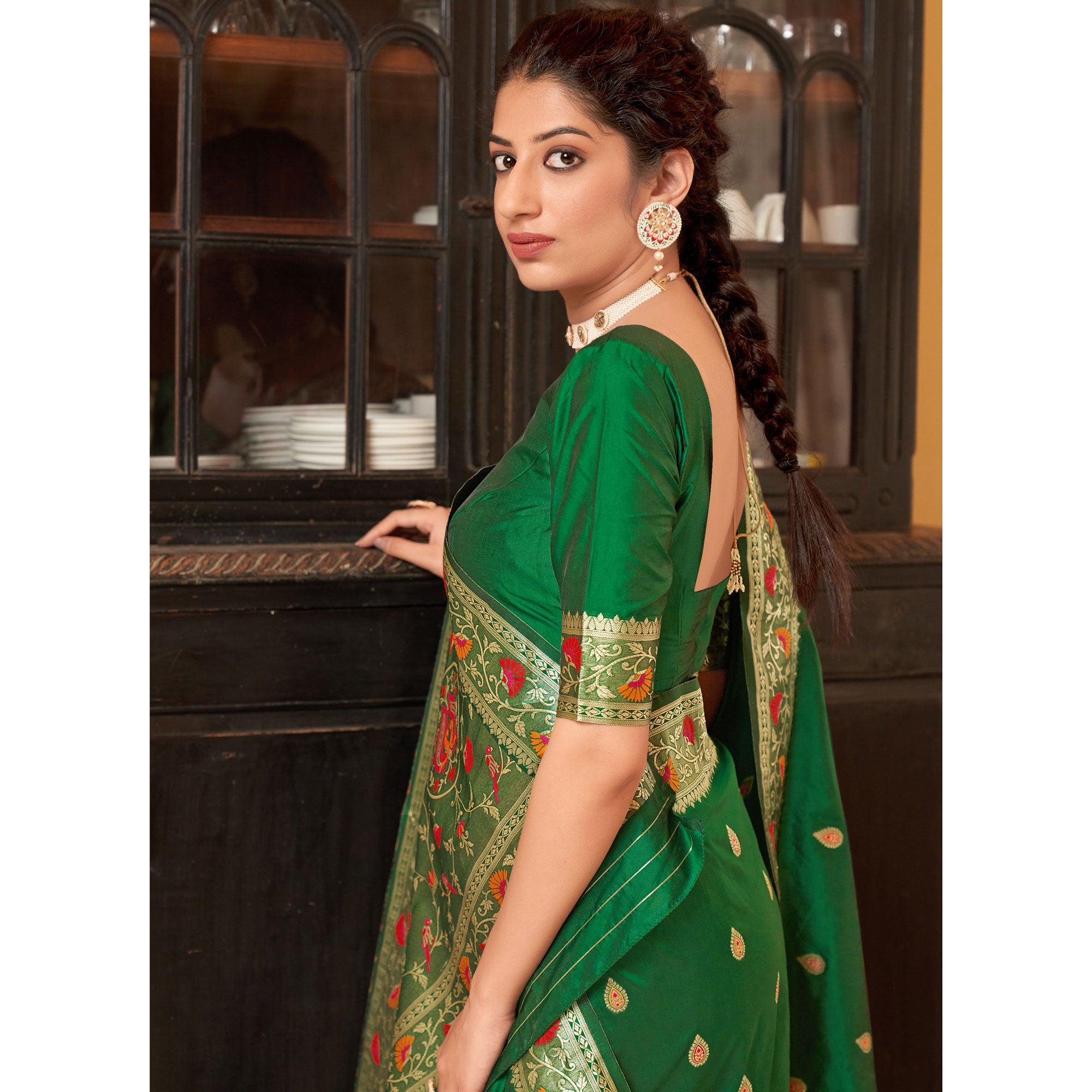 Green Festive Wear Woven Soft Banarasi Silk Saree - Peachmode