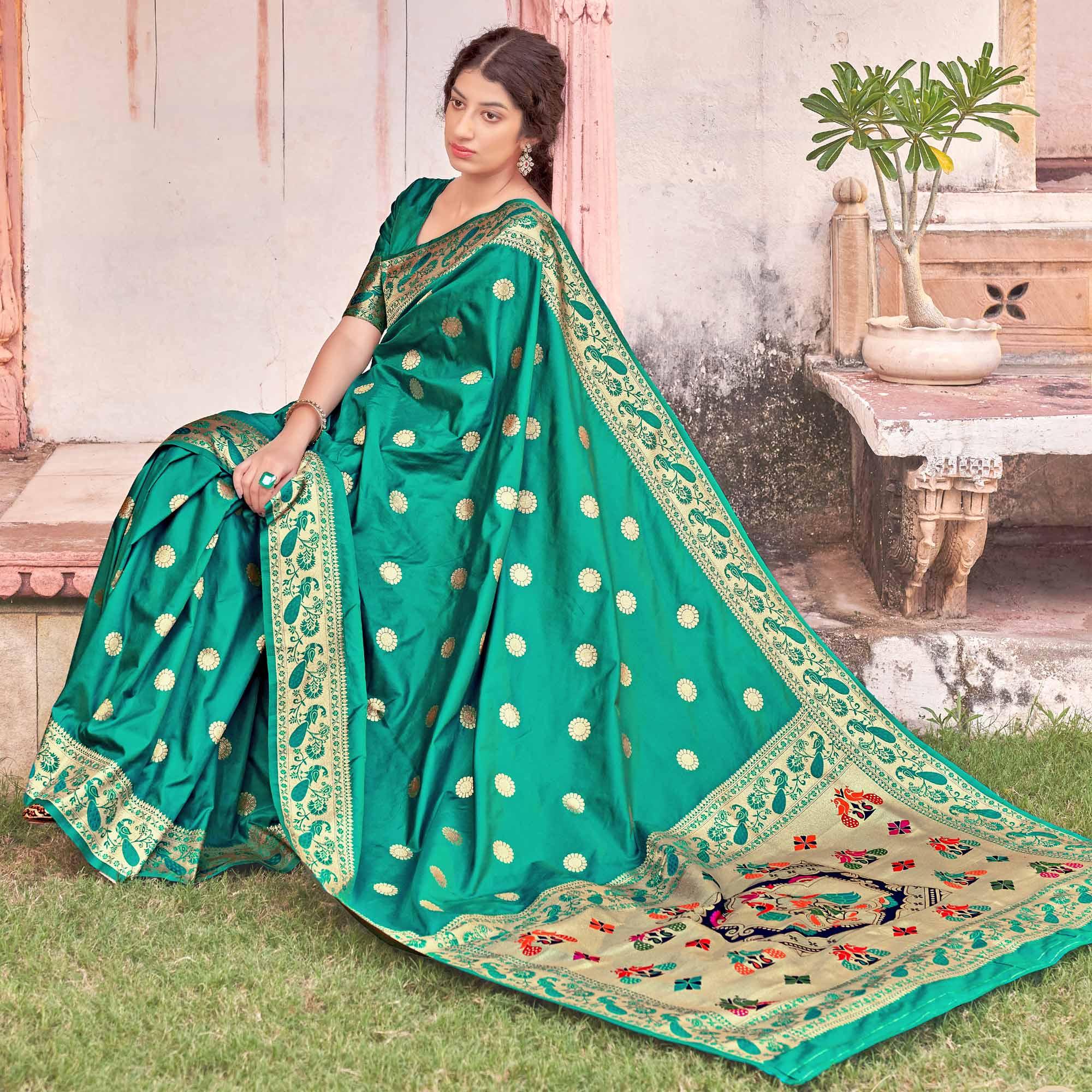 Green Festive Wear Woven Soft Banarasi Silk Saree - Peachmode