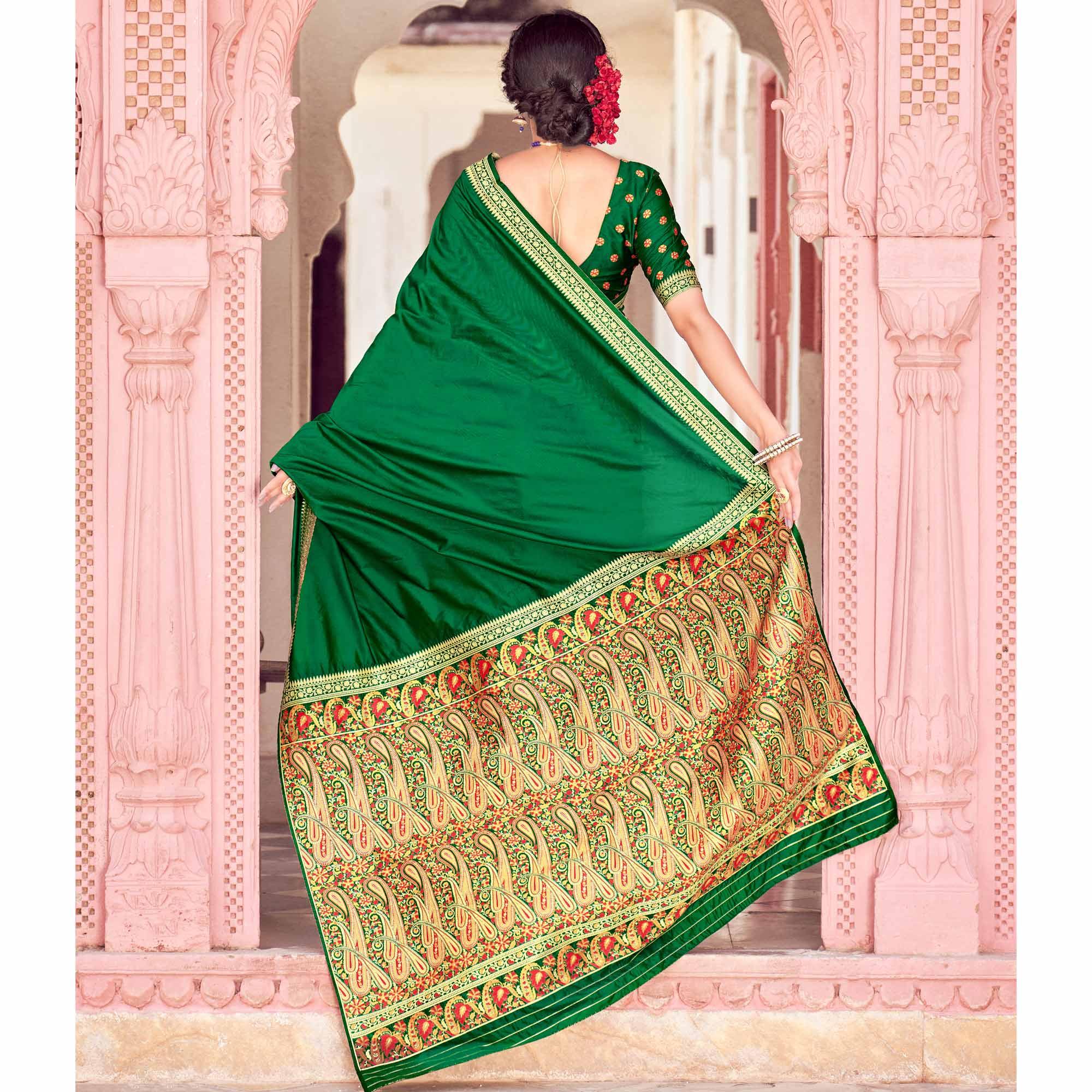 Green Festive Wear Woven Soft Banarasi Silk Saree - Peachmode