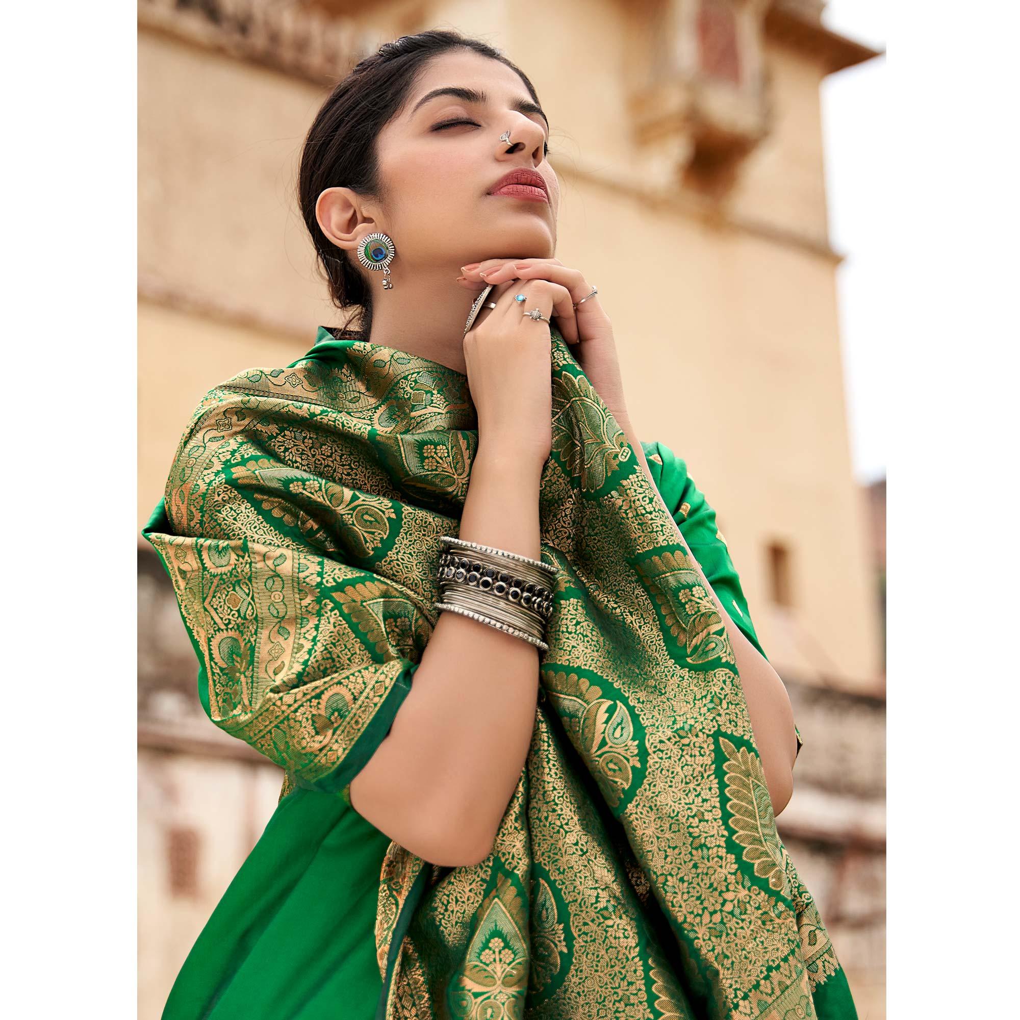 Green Festive Wear Woven Soft Banarasi Silk Saree - Peachmode