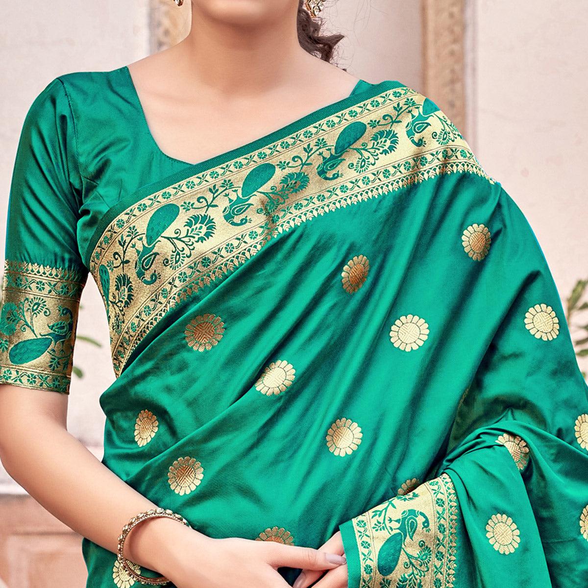 Green Festive Wear Woven Soft Banarasi Silk Saree - Peachmode