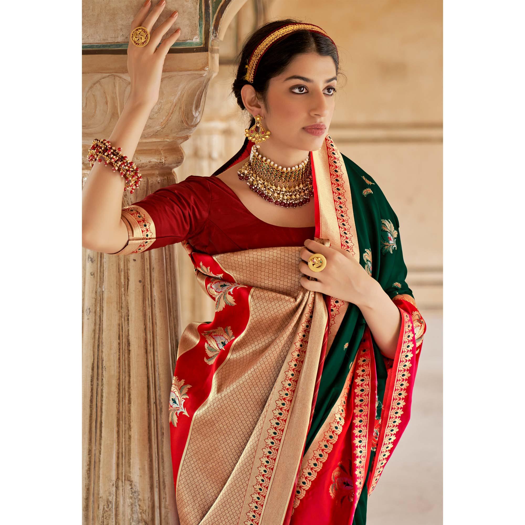Green Festive Wear Woven Soft Banarasi Silk Saree - Peachmode