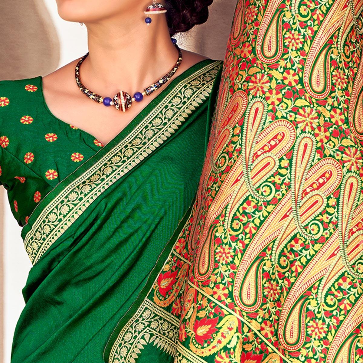 Green Festive Wear Woven Soft Banarasi Silk Saree - Peachmode
