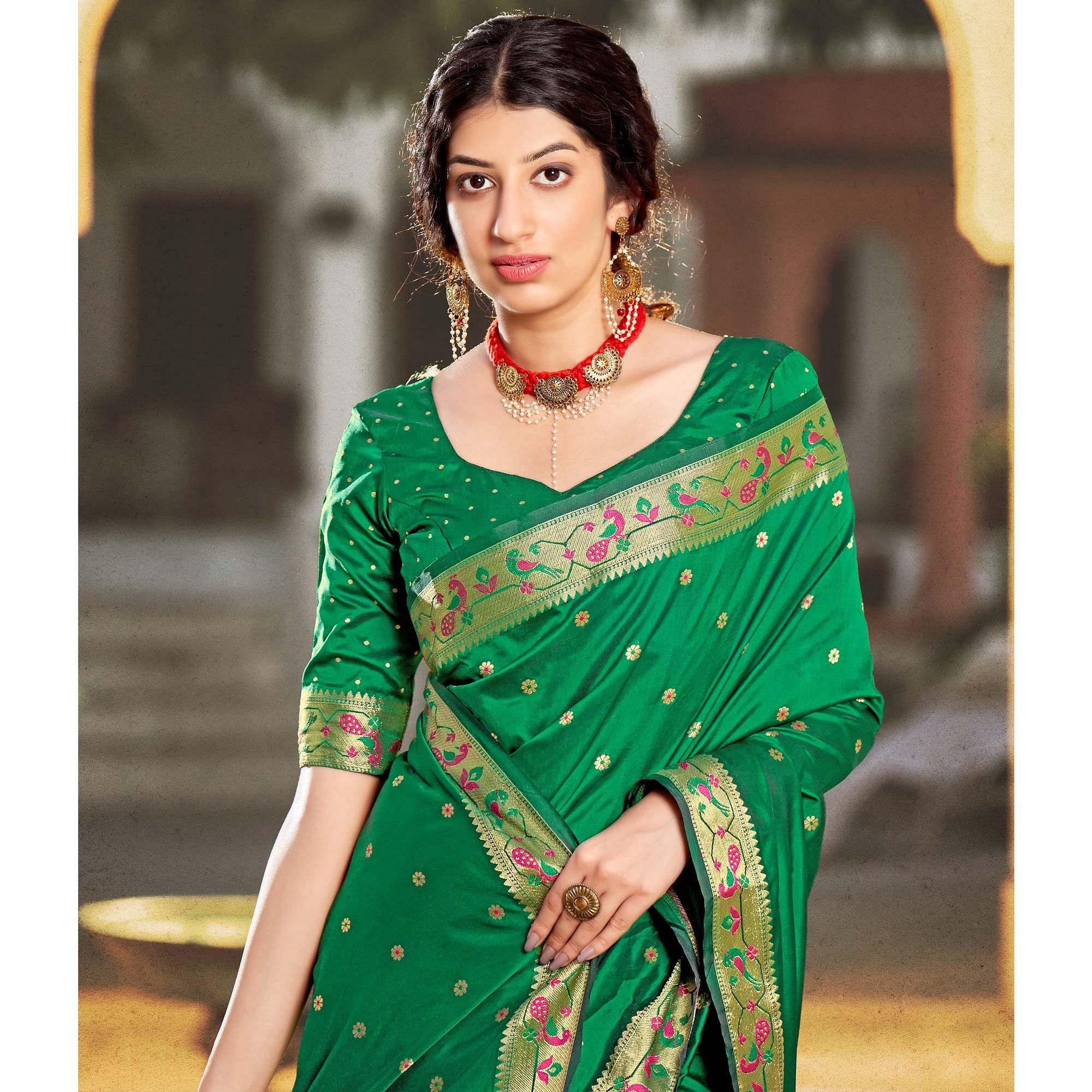 Green Festive Wear Woven Soft Banarasi Silk Saree - Peachmode