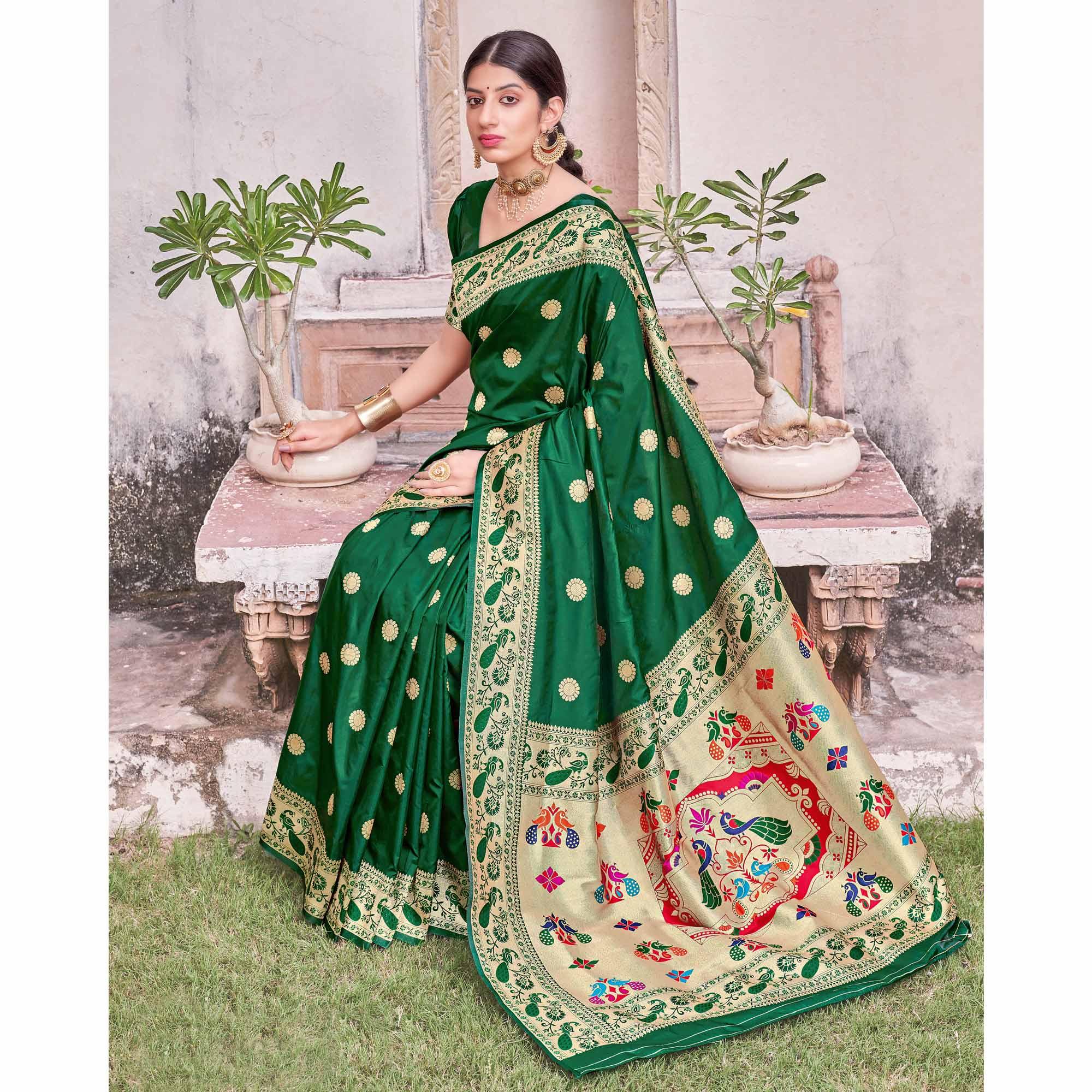 Green Festive Wear Woven Soft Banarasi Silk Saree - Peachmode