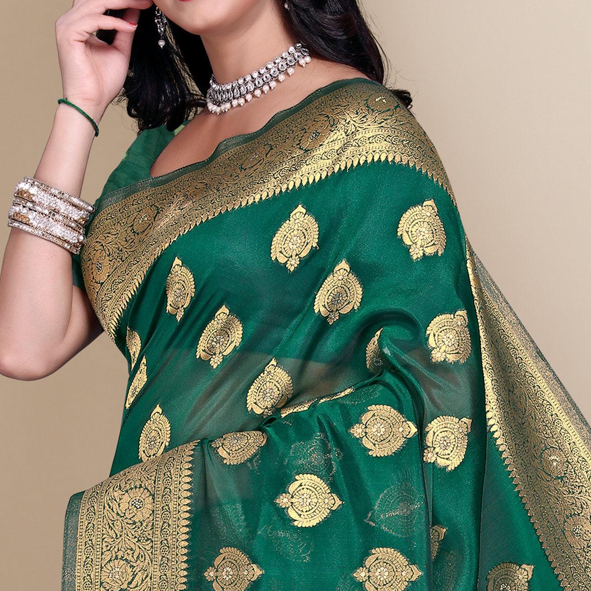 Green Festive Wear Woven Soft Banarasi Silk Saree - Peachmode