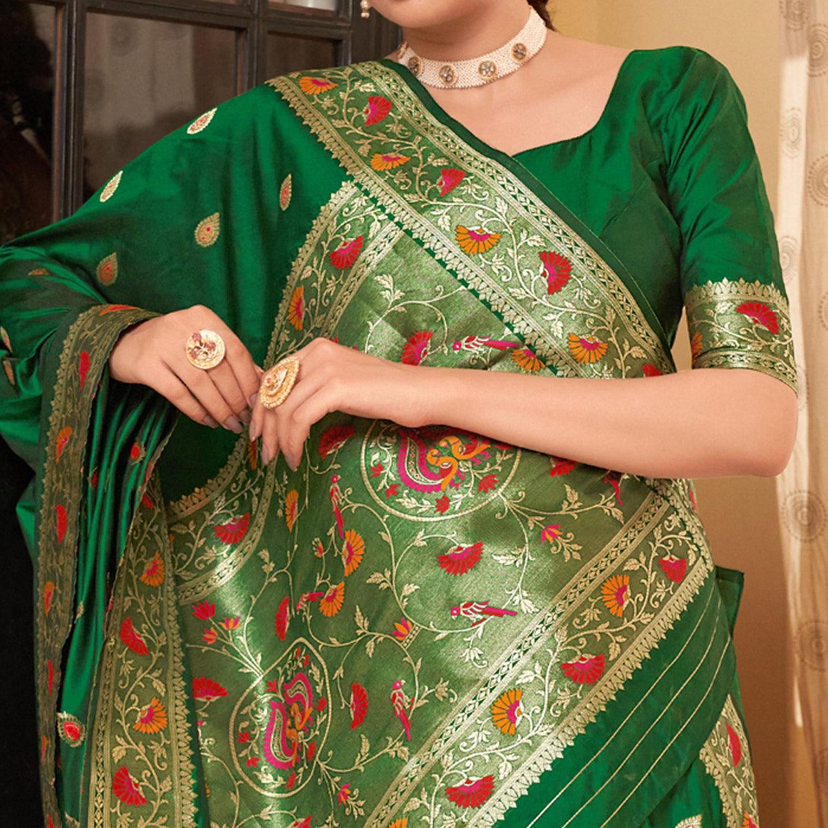 Green Festive Wear Woven Soft Banarasi Silk Saree - Peachmode
