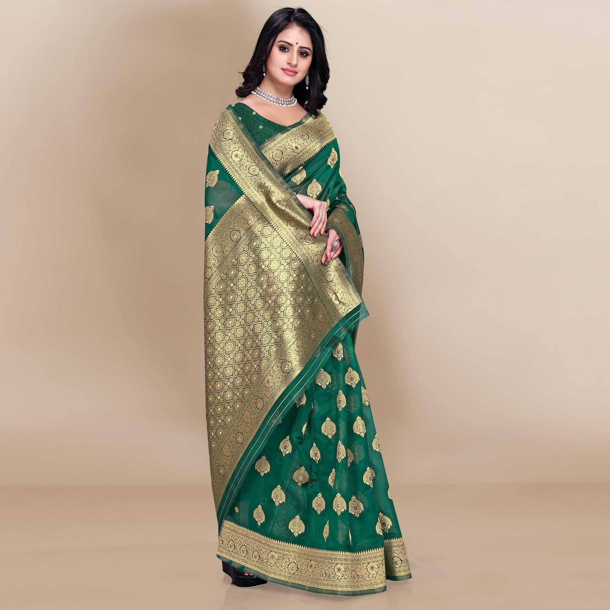 Green Festive Wear Woven Soft Banarasi Silk Saree - Peachmode