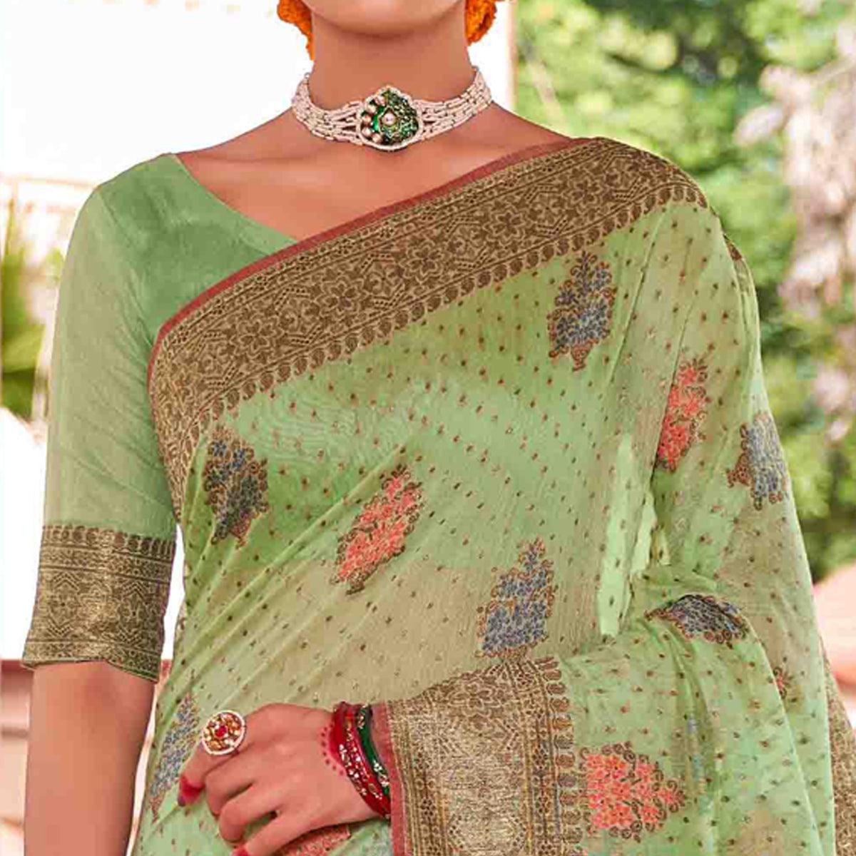 Green Festive Wear Woven Soft Cotton Saree - Peachmode