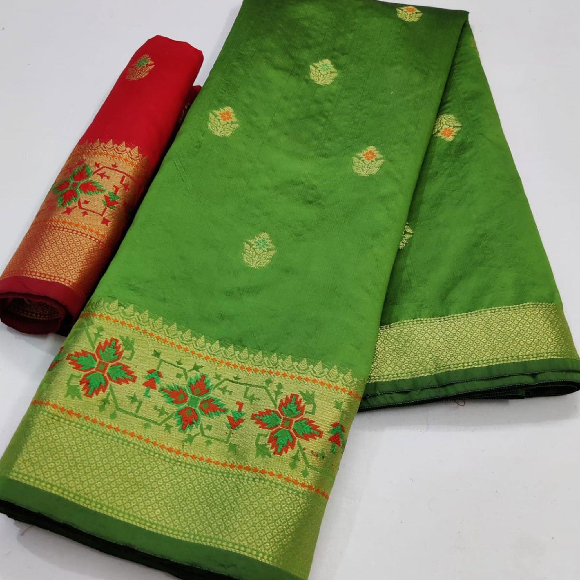 Green Festive Wear Woven Soft Silk Saree - Peachmode