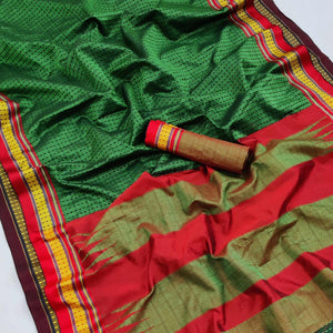 Green Festive Wear Woven Soft Silk Saree - Peachmode