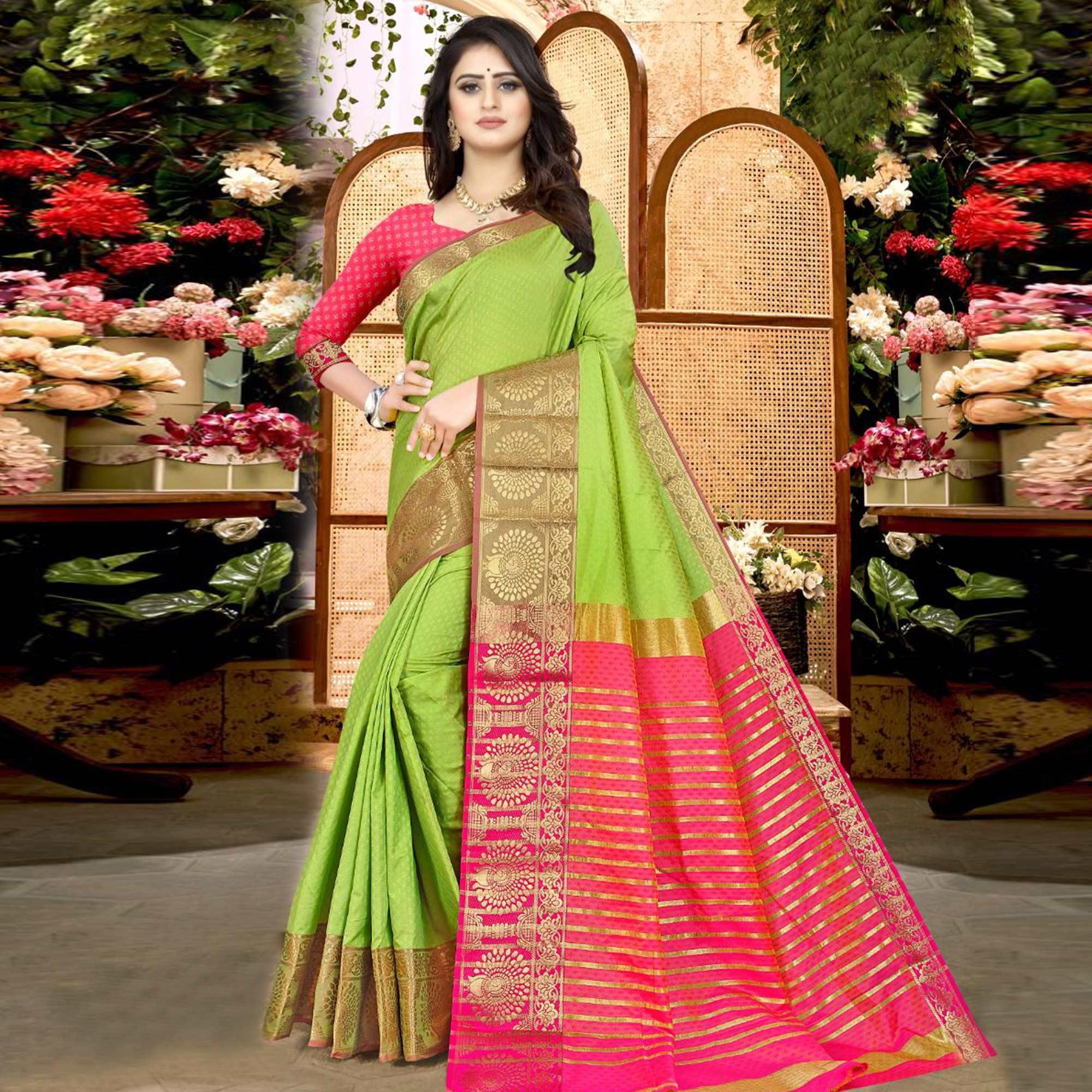 Green Festive Wear Woven Soft Silk Saree - Peachmode