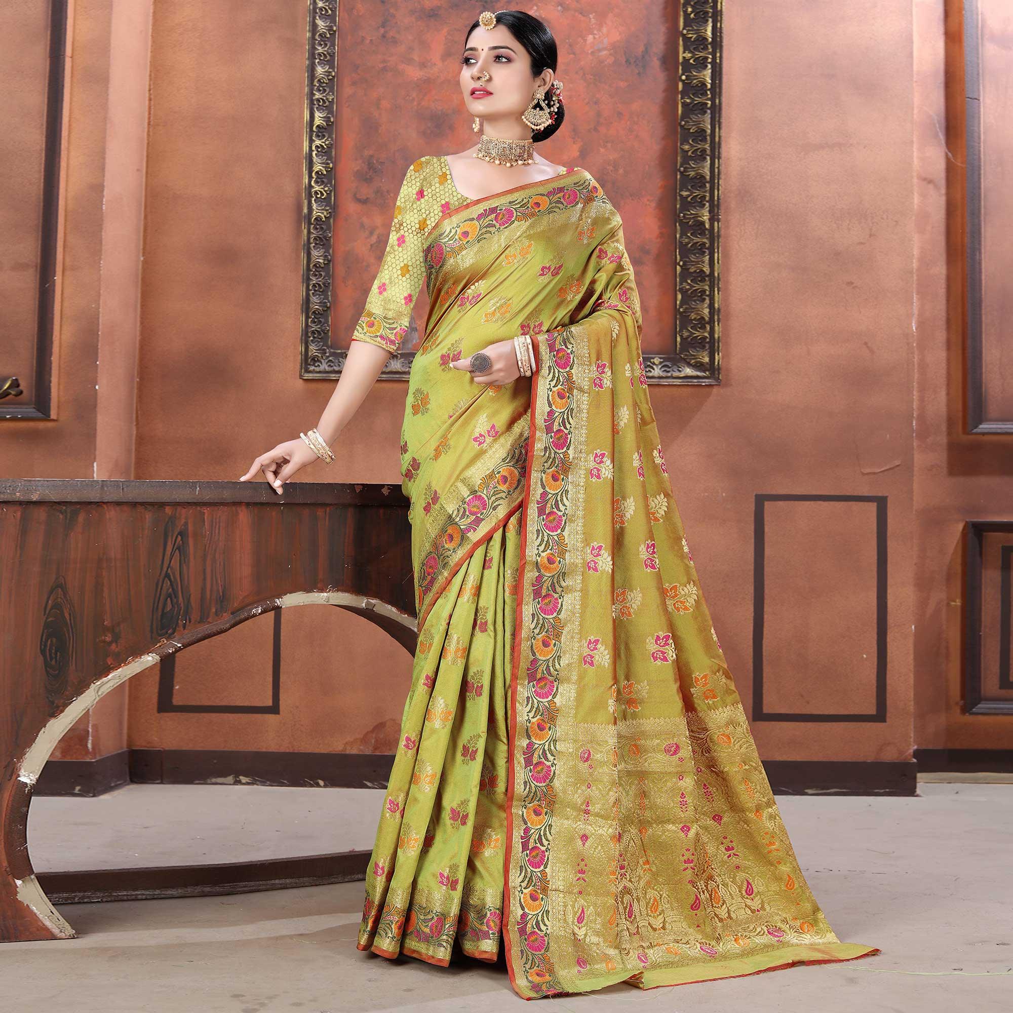 Green Festive Wear Woven Soft Silk Saree - Peachmode