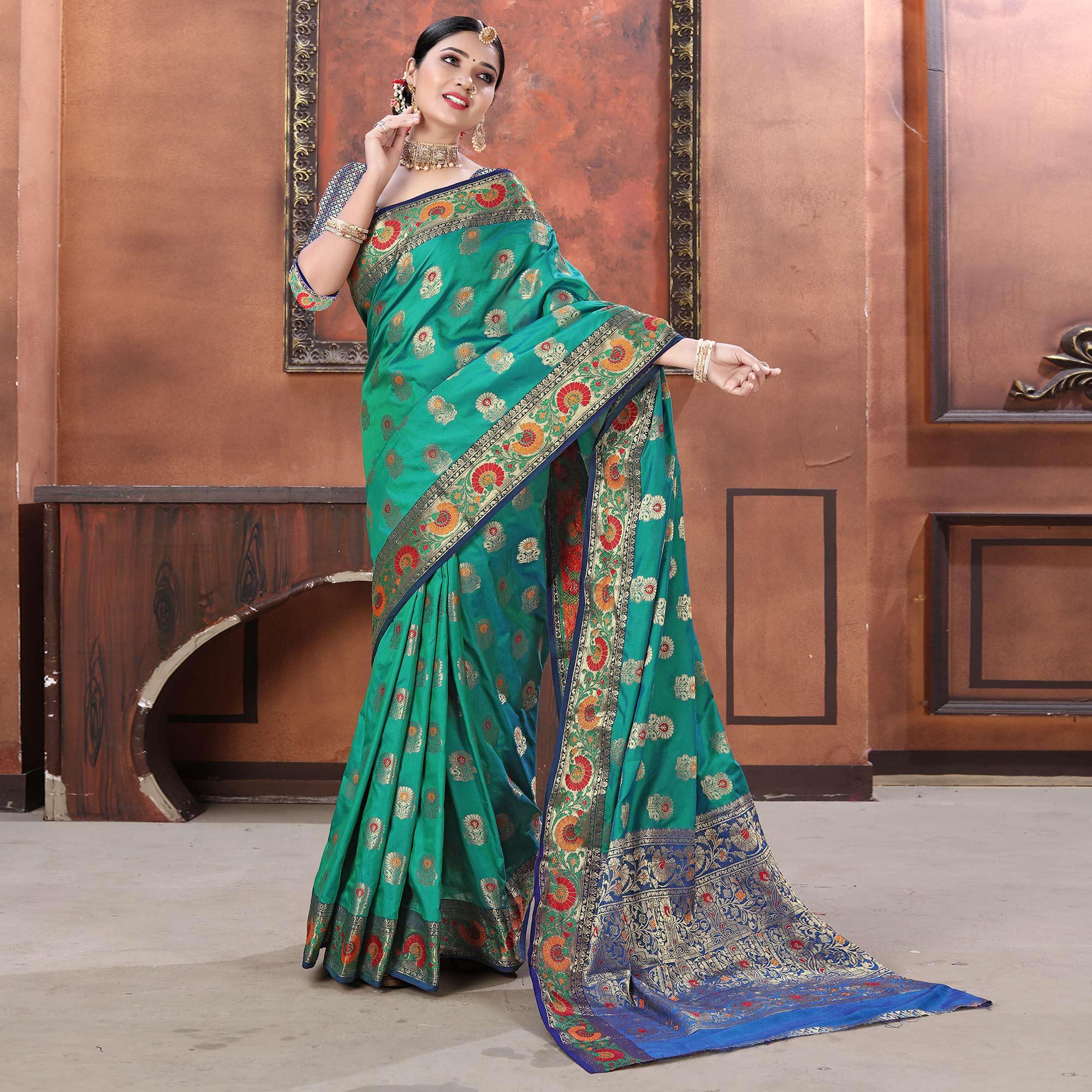 Green Festive Wear Woven Soft Silk Saree - Peachmode