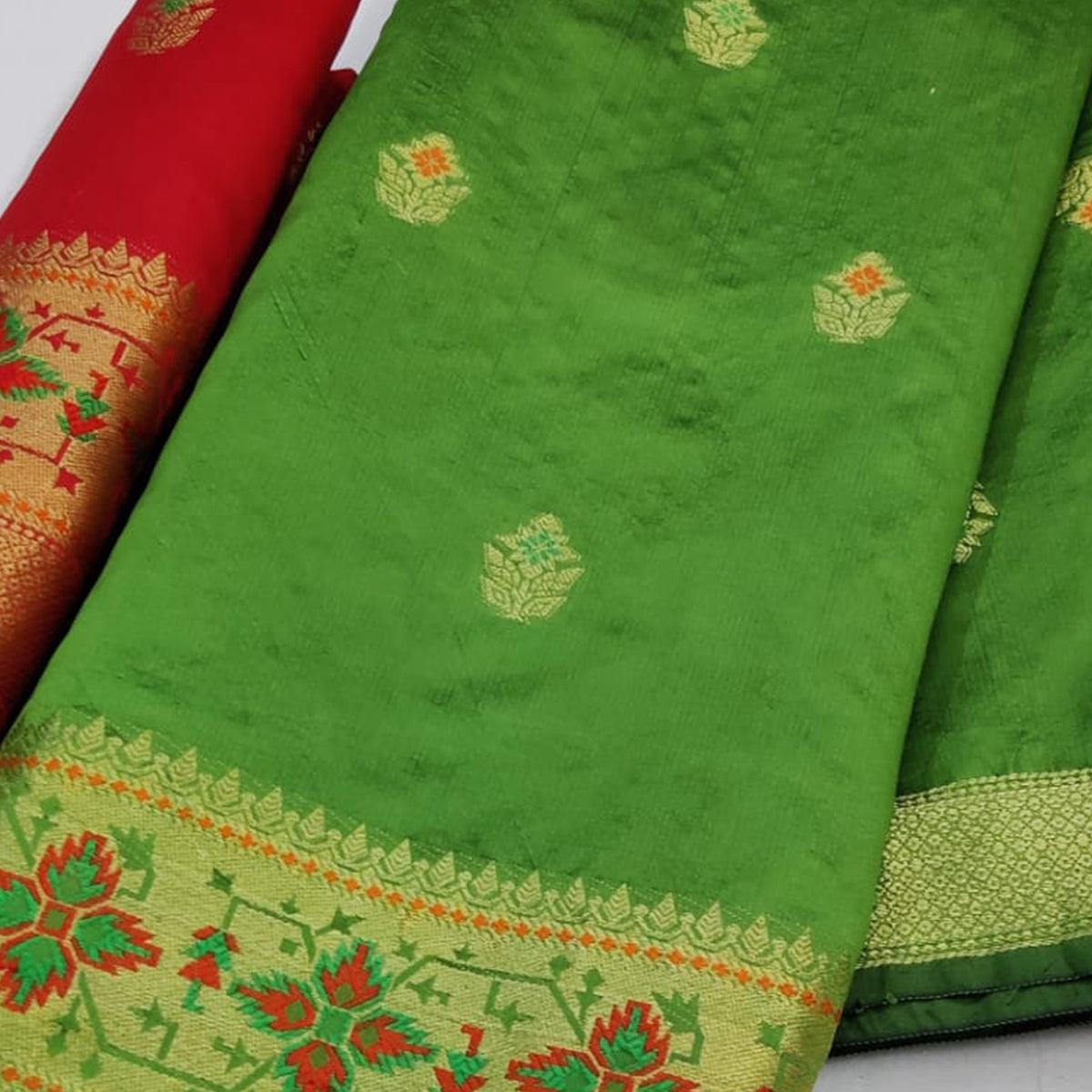 Green Festive Wear Woven Soft Silk Saree - Peachmode