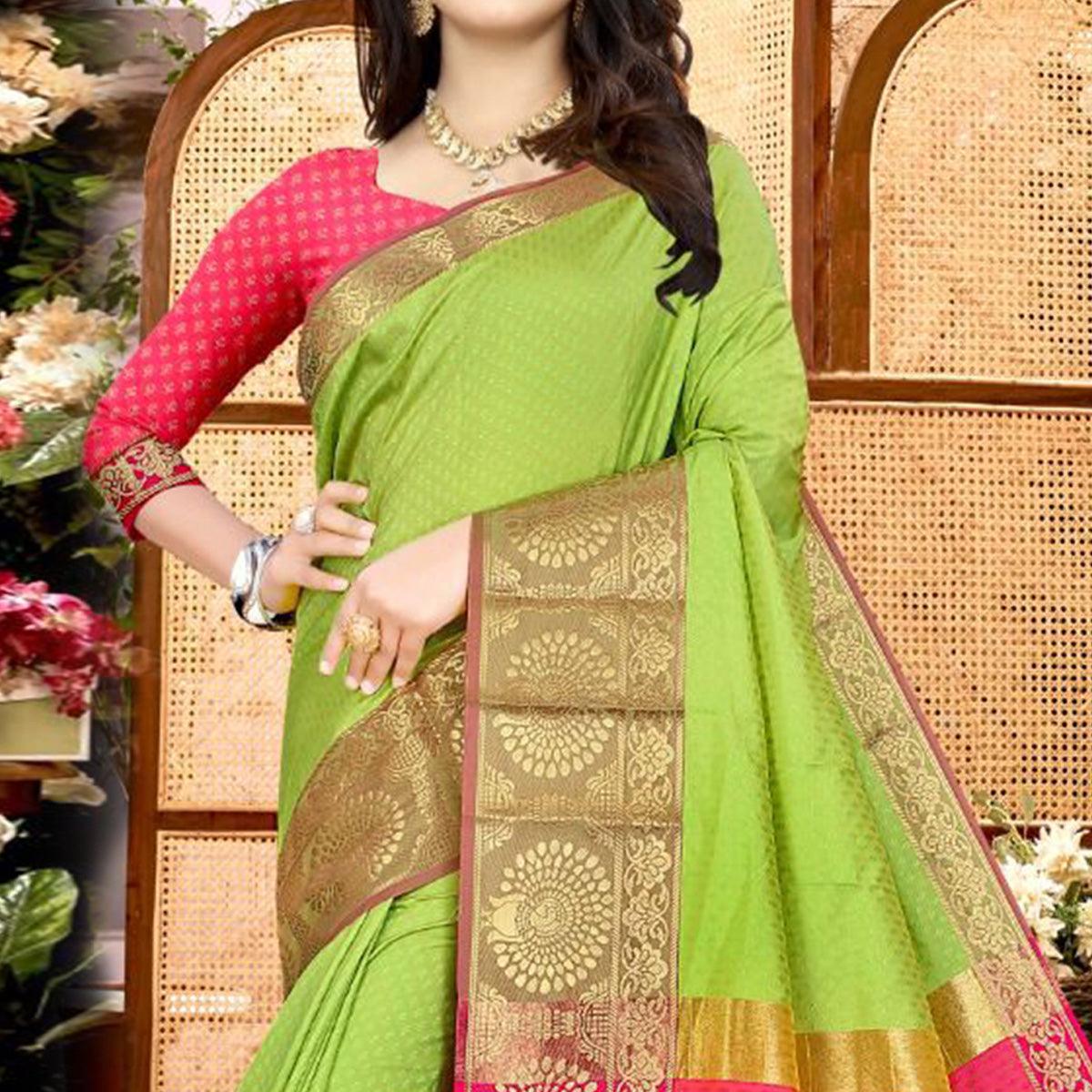 Green Festive Wear Woven Soft Silk Saree - Peachmode