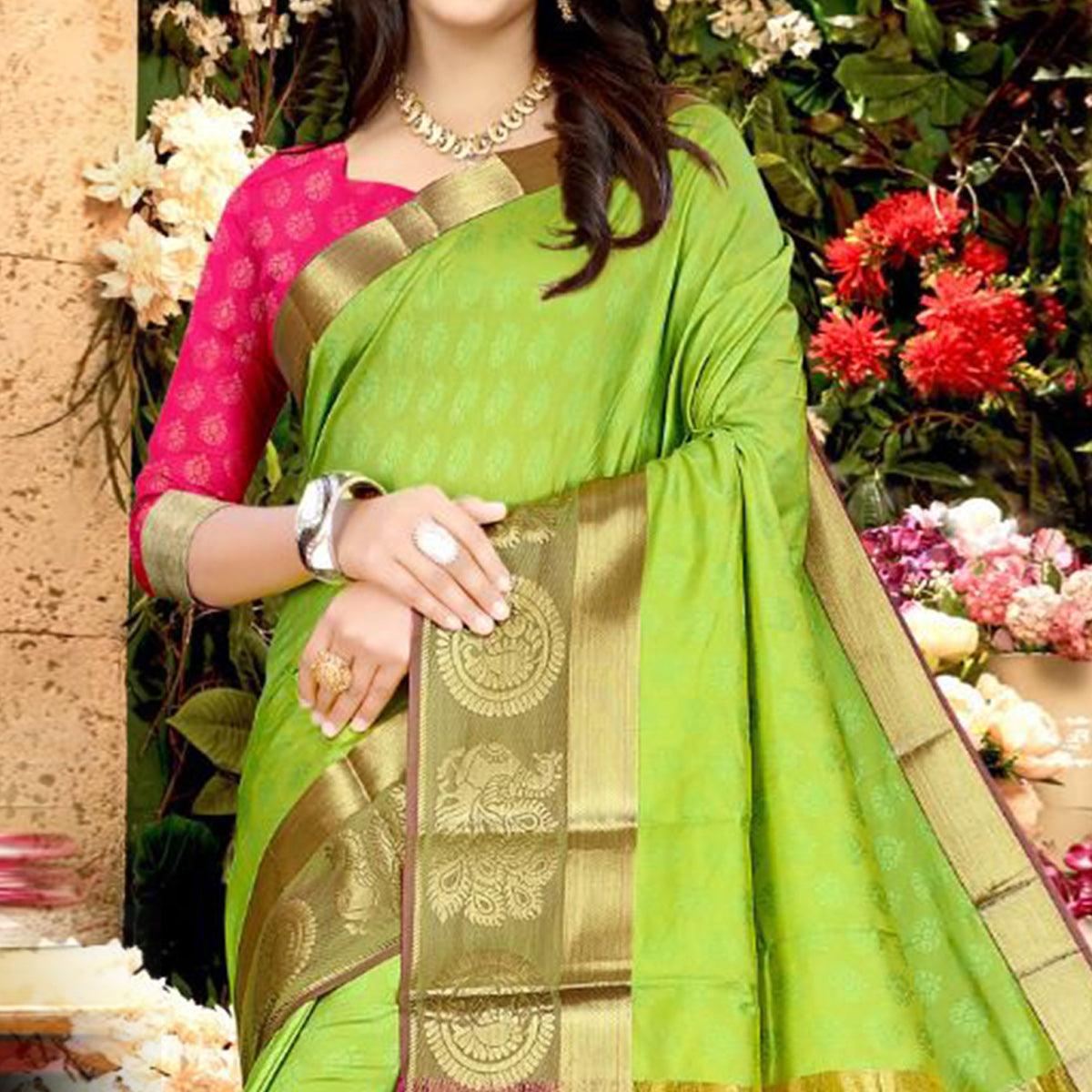 Green Festive Wear Woven Soft Silk Saree - Peachmode