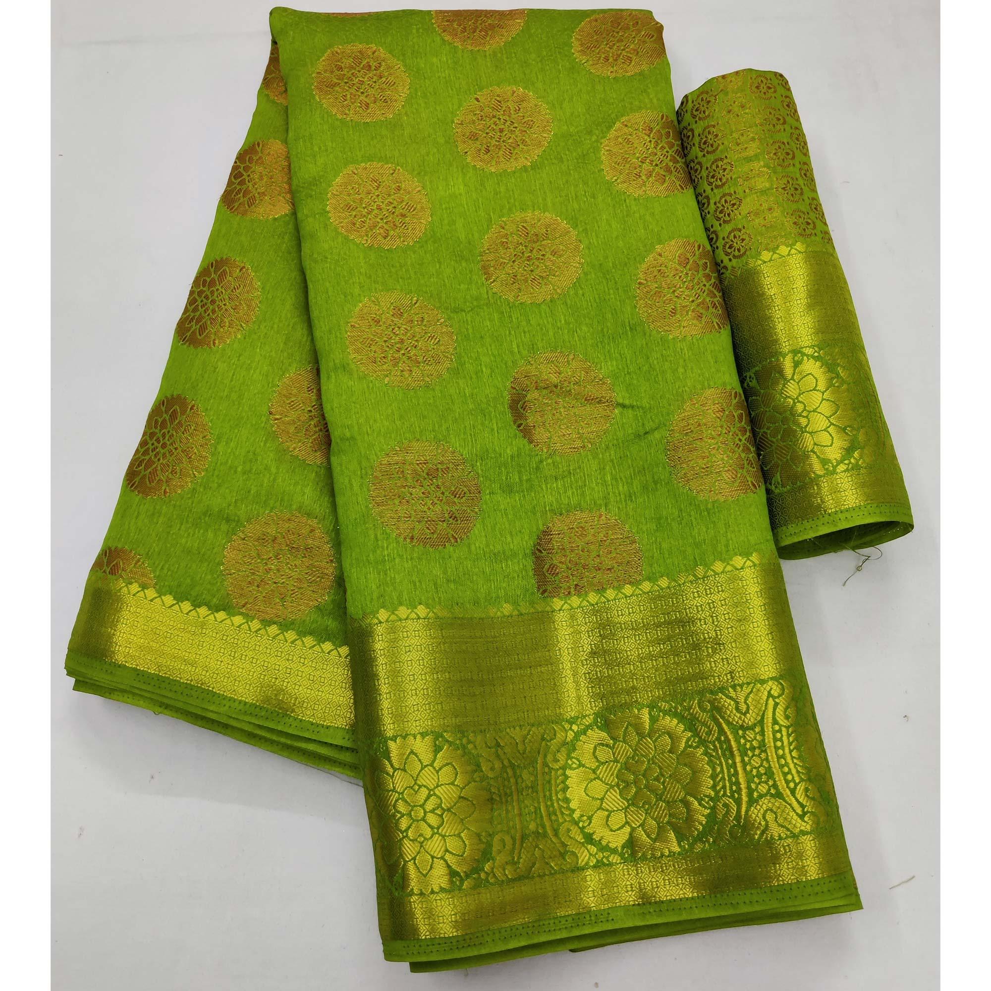 Green Festive Wear Woven Soft Silk Saree - Peachmode