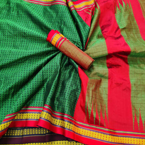 Green Festive Wear Woven Soft Silk Saree - Peachmode
