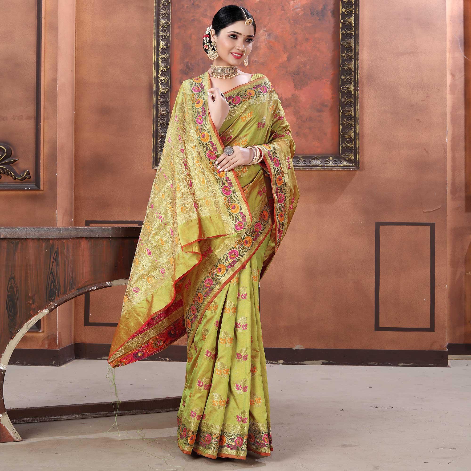 Green Festive Wear Woven Soft Silk Saree - Peachmode