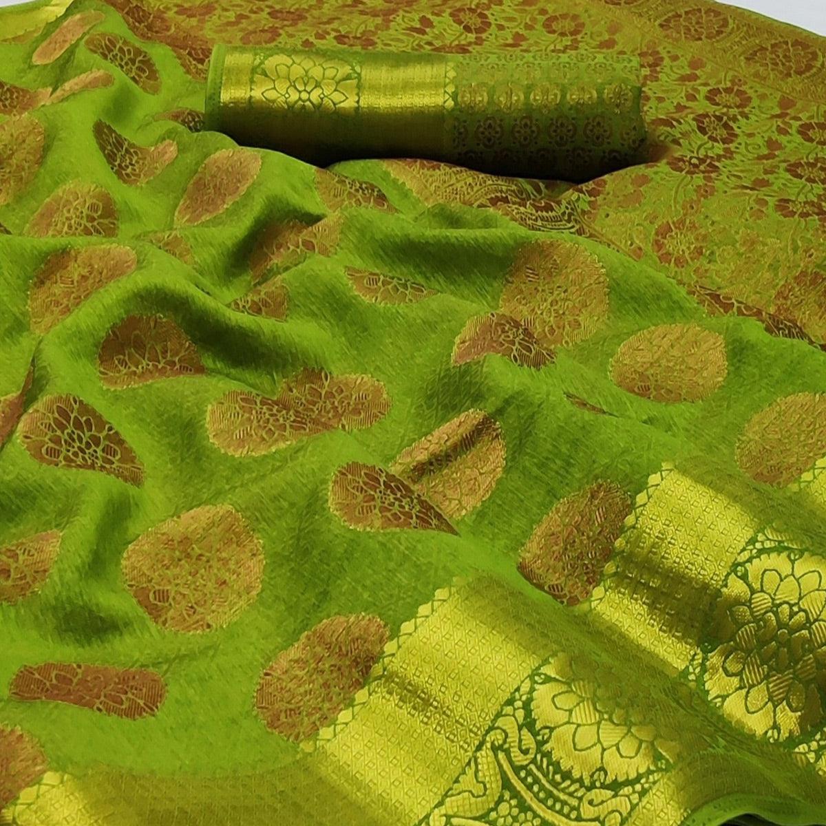 Green Festive Wear Woven Soft Silk Saree - Peachmode