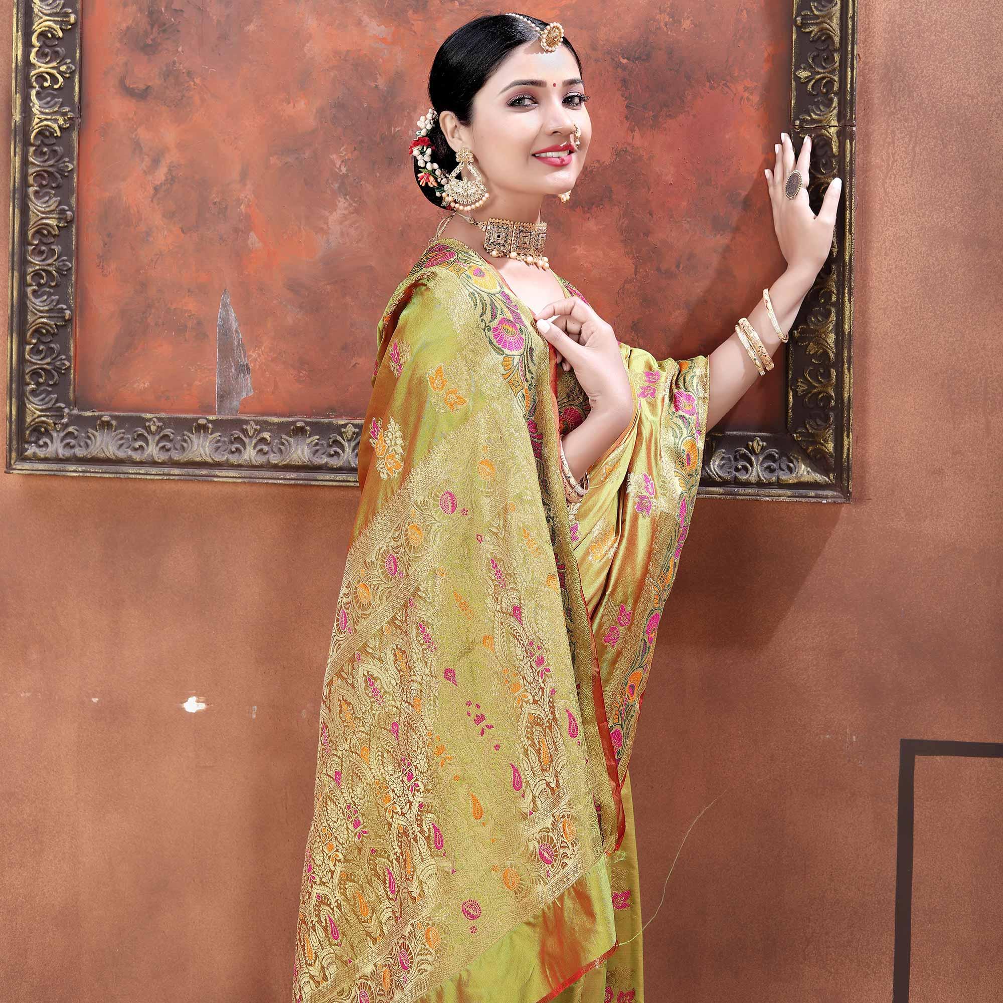 Green Festive Wear Woven Soft Silk Saree - Peachmode