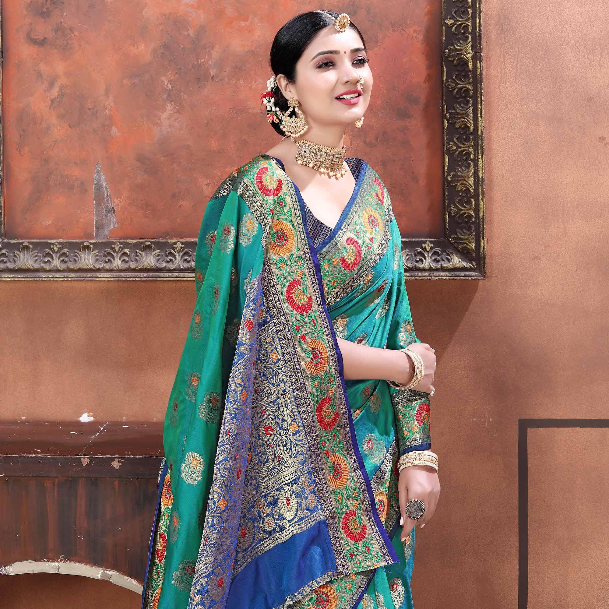 Green Festive Wear Woven Soft Silk Saree - Peachmode
