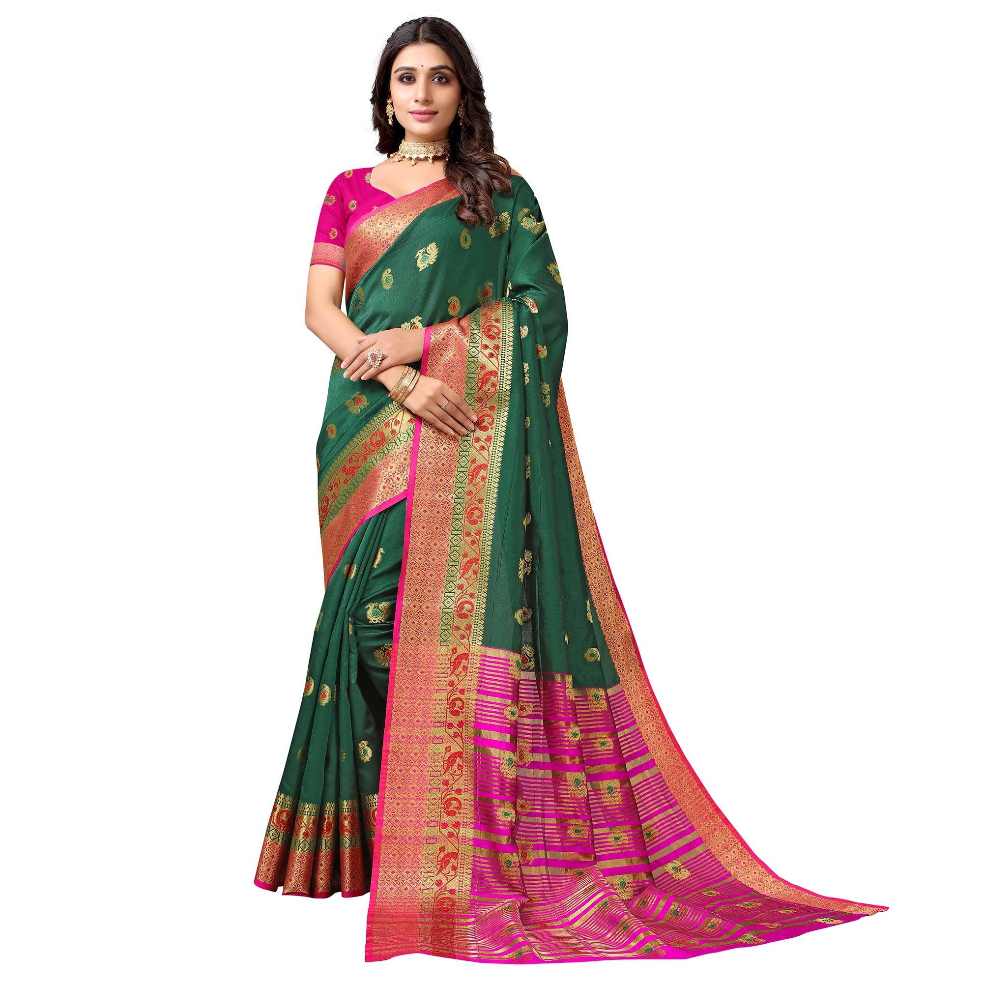 Green Festive Wear Woven Soft Silk Saree With Jacquard Border - Peachmode