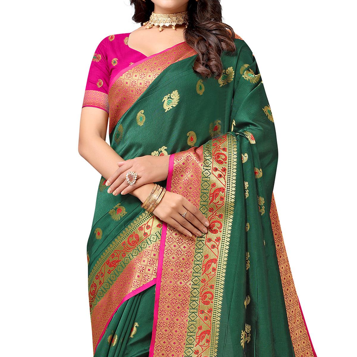 Green Festive Wear Woven Soft Silk Saree With Jacquard Border - Peachmode