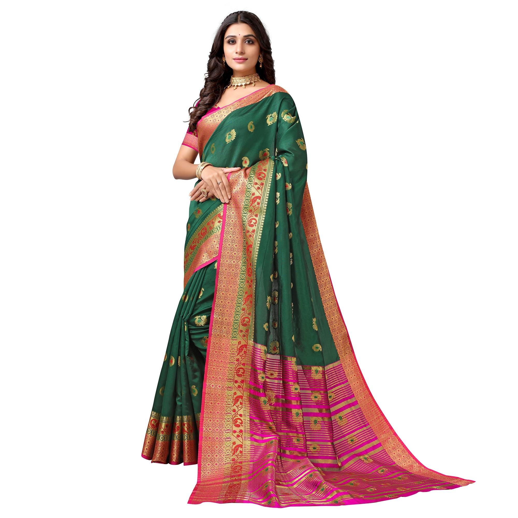 Green Festive Wear Woven Soft Silk Saree With Jacquard Border - Peachmode