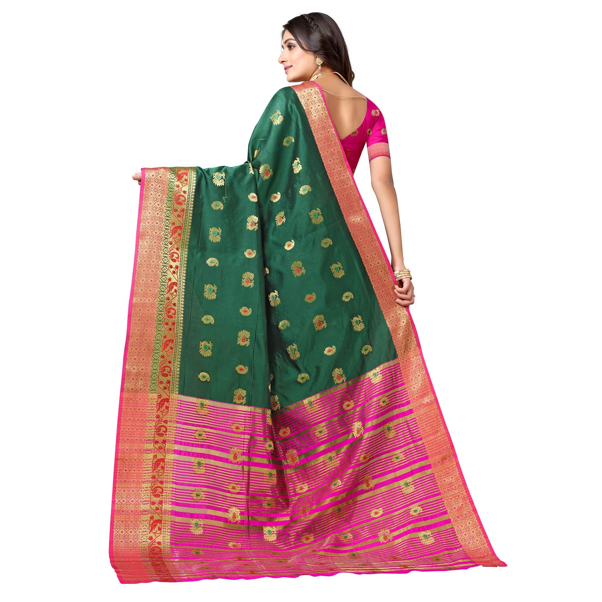 Green Festive Wear Woven Soft Silk Saree With Jacquard Border - Peachmode