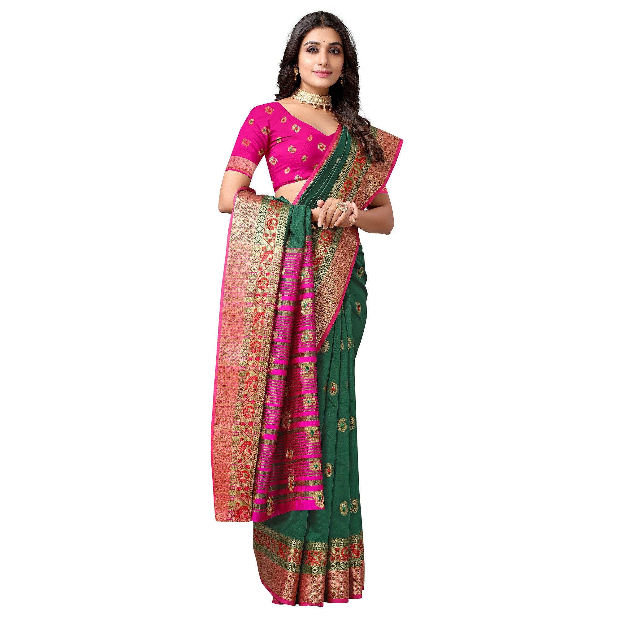 Green Festive Wear Woven Soft Silk Saree With Jacquard Border - Peachmode