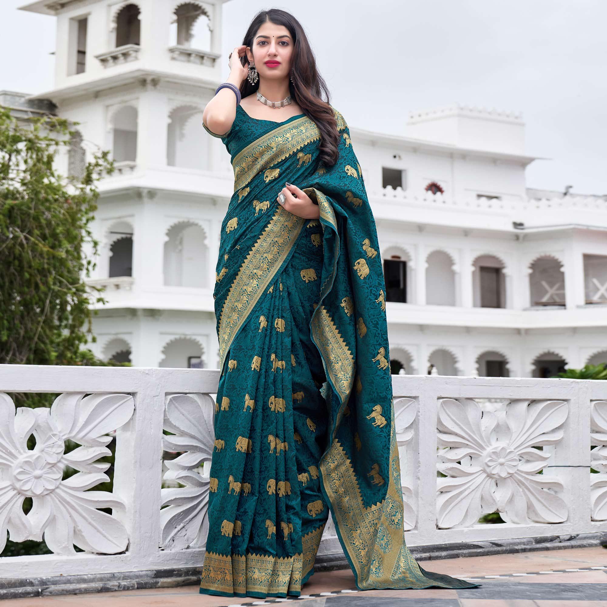 Green Festive Wear Woven Soft Silk Satin Saree - Peachmode