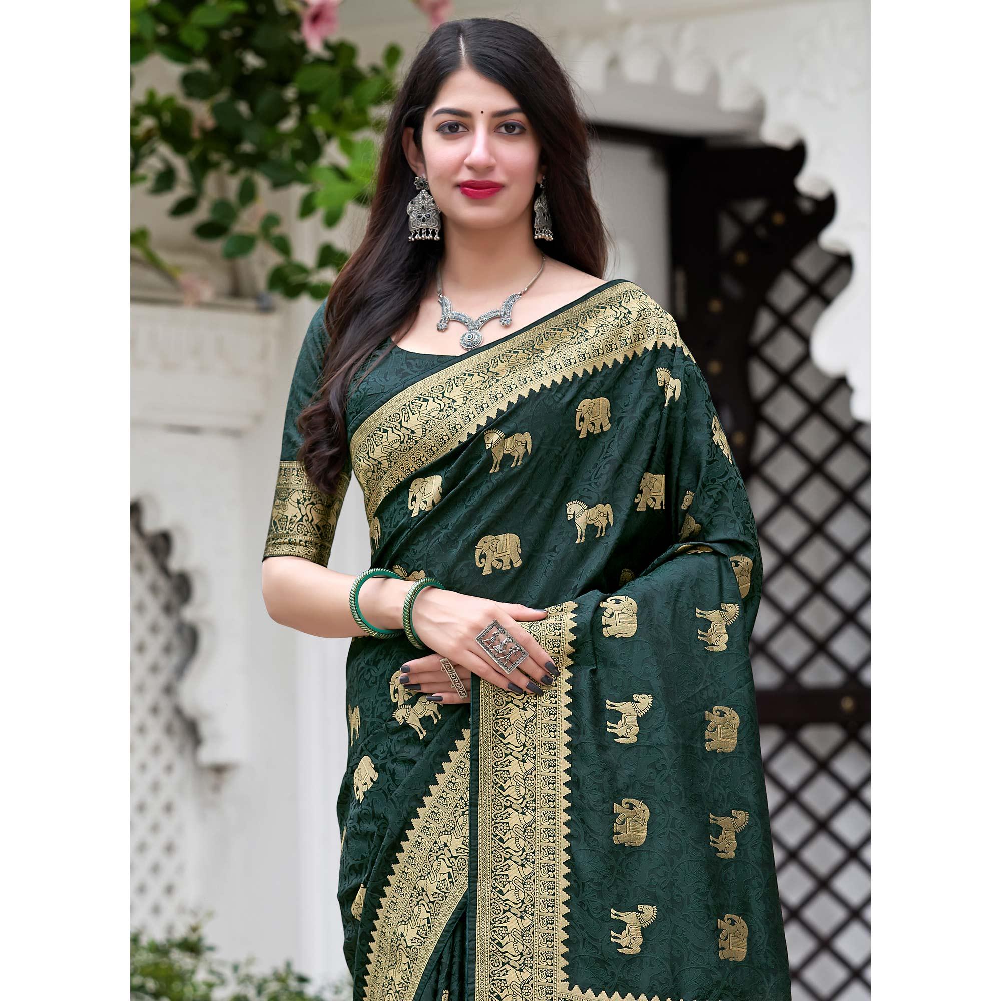 Green Festive Wear Woven Soft Silk Satin Saree - Peachmode