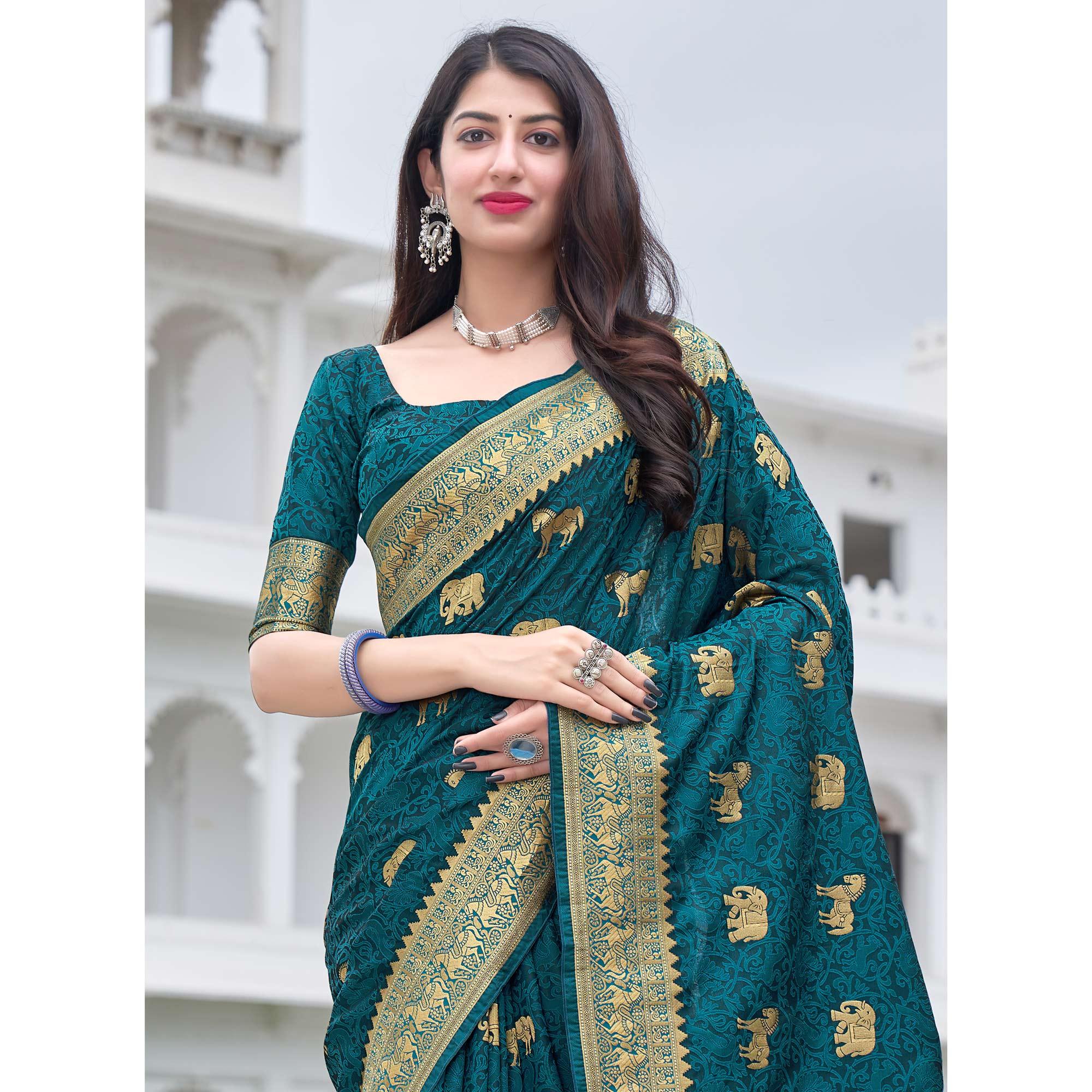 Green Festive Wear Woven Soft Silk Satin Saree - Peachmode