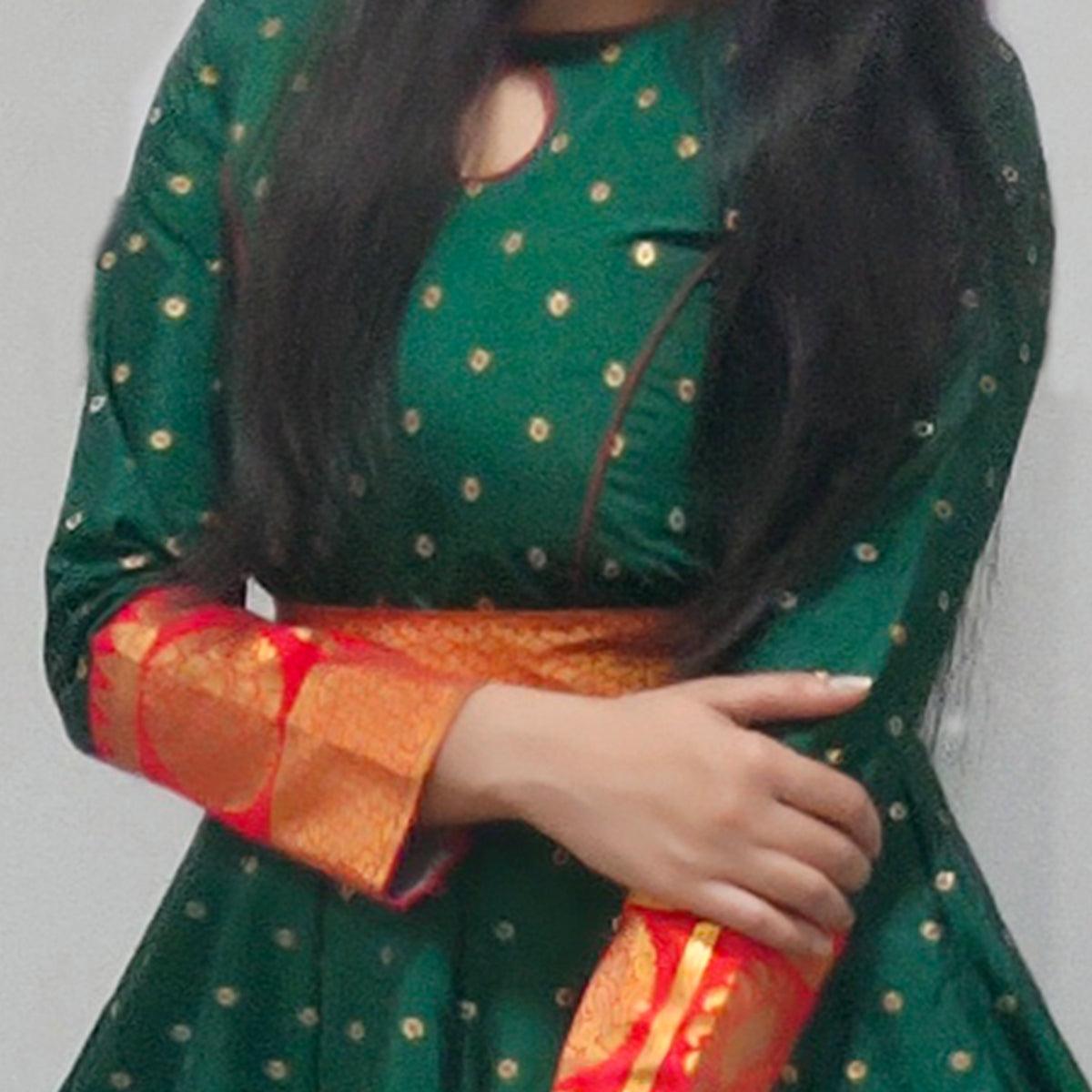 Green Festive Wear Woven Tapetta Silk Gown - Peachmode