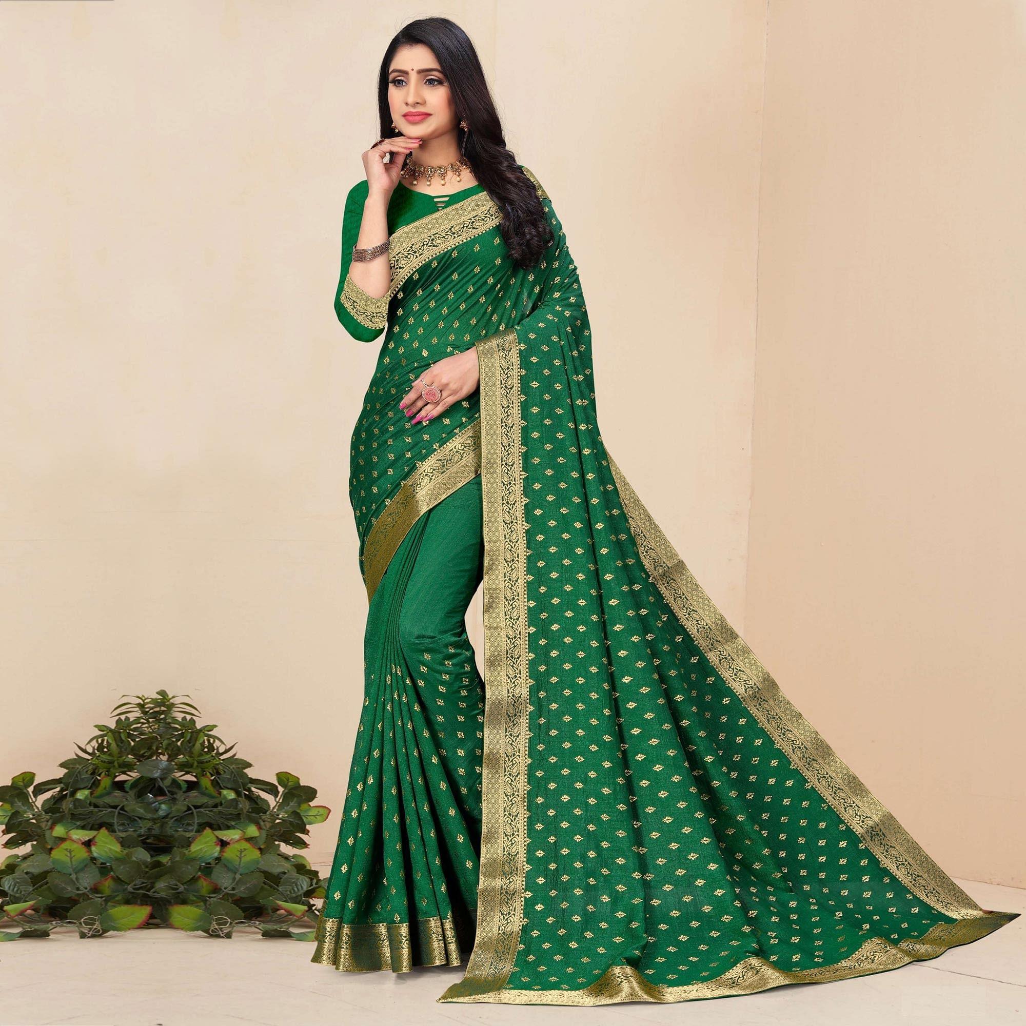 Green Festive Wear Woven Vichitra Silk Saree - Peachmode