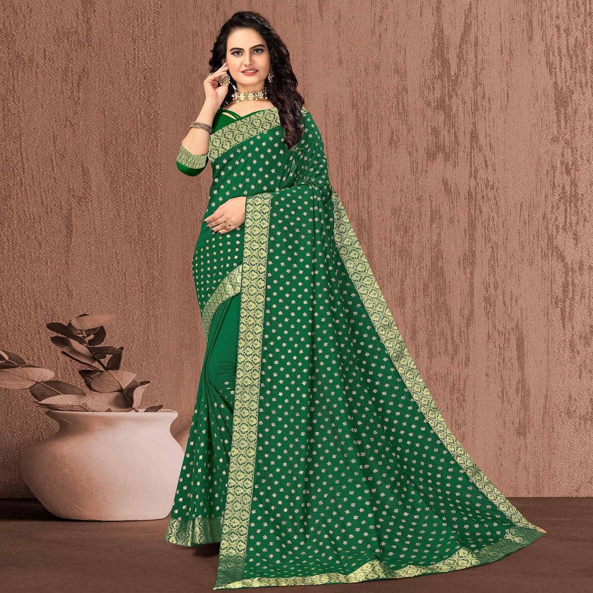 Green Festive Wear Woven Vichitra Silk Saree - Peachmode