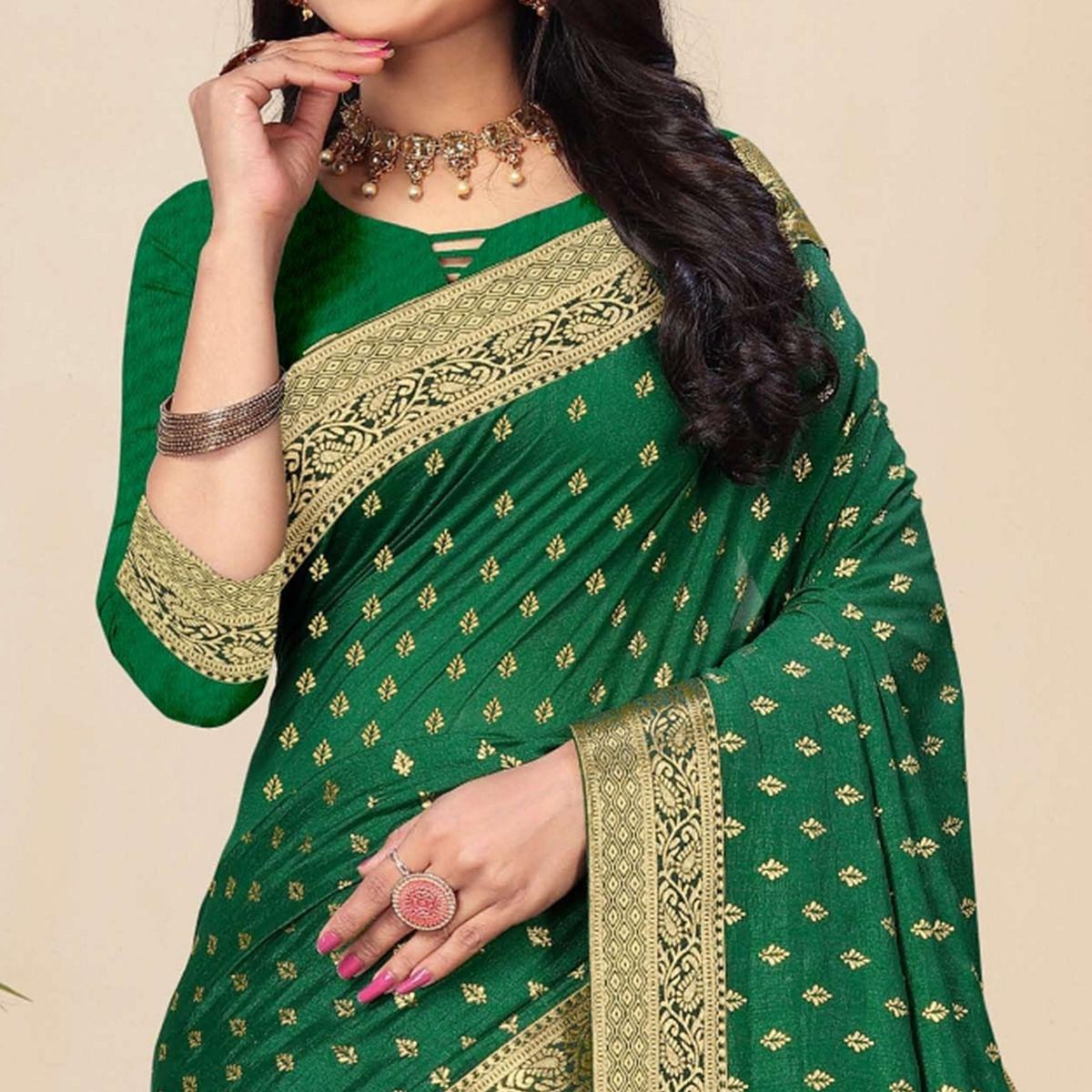 Green Festive Wear Woven Vichitra Silk Saree - Peachmode