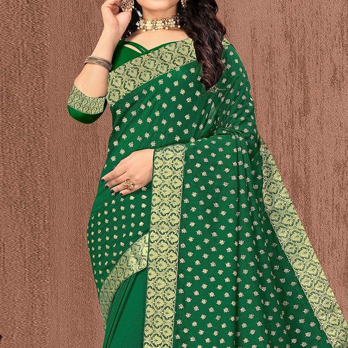 Green Festive Wear Woven Vichitra Silk Saree - Peachmode