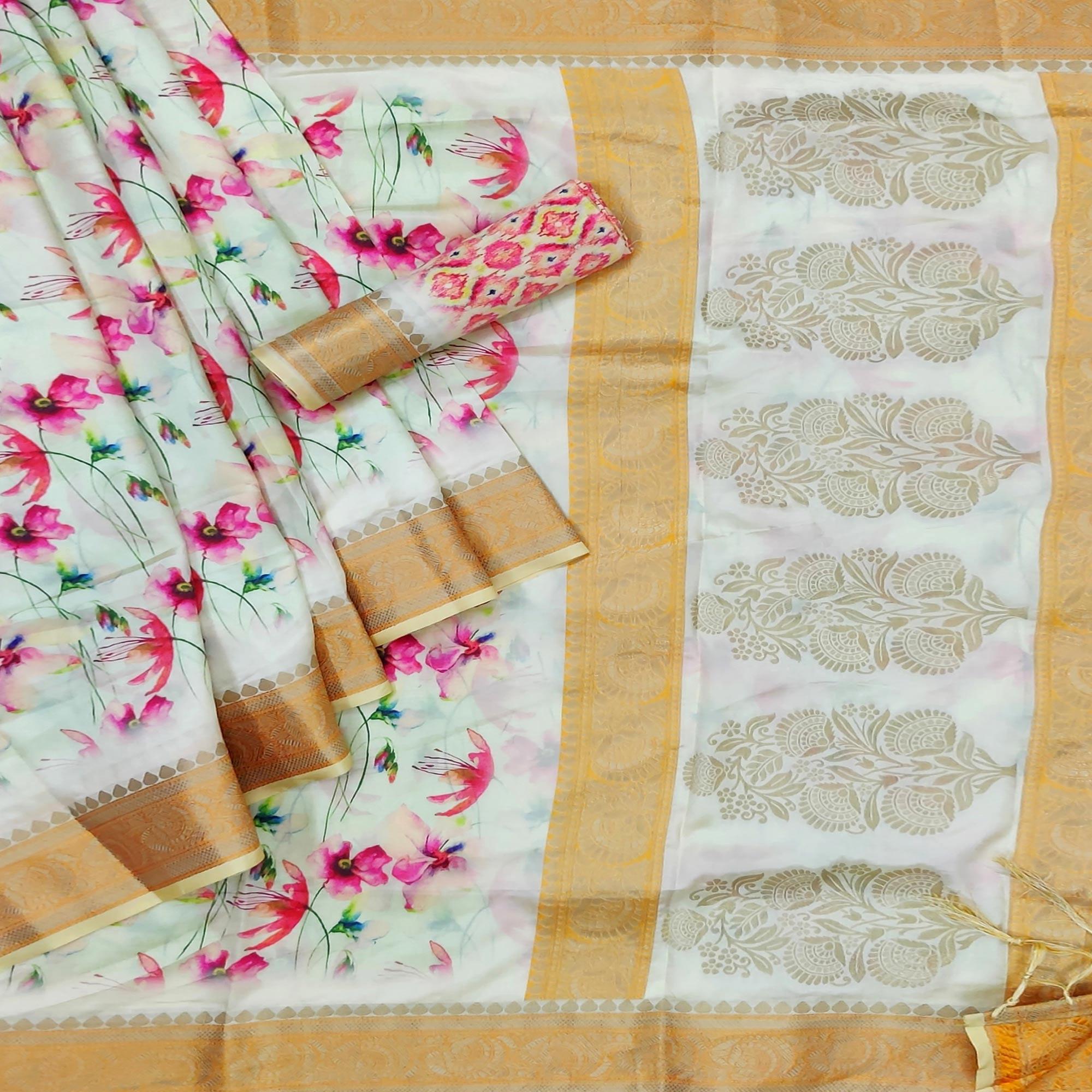 Green Festive Wear Woven With Digital Floral Printed Silk Saree - Peachmode