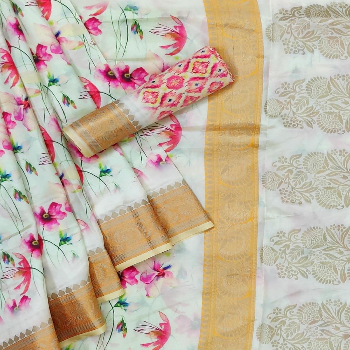 Green Festive Wear Woven With Digital Floral Printed Silk Saree - Peachmode