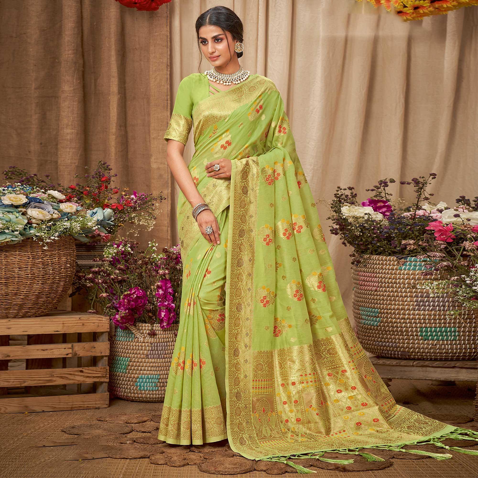 Green Festive Wear Woven With Embellished Cotton Saree With Tassels - Peachmode
