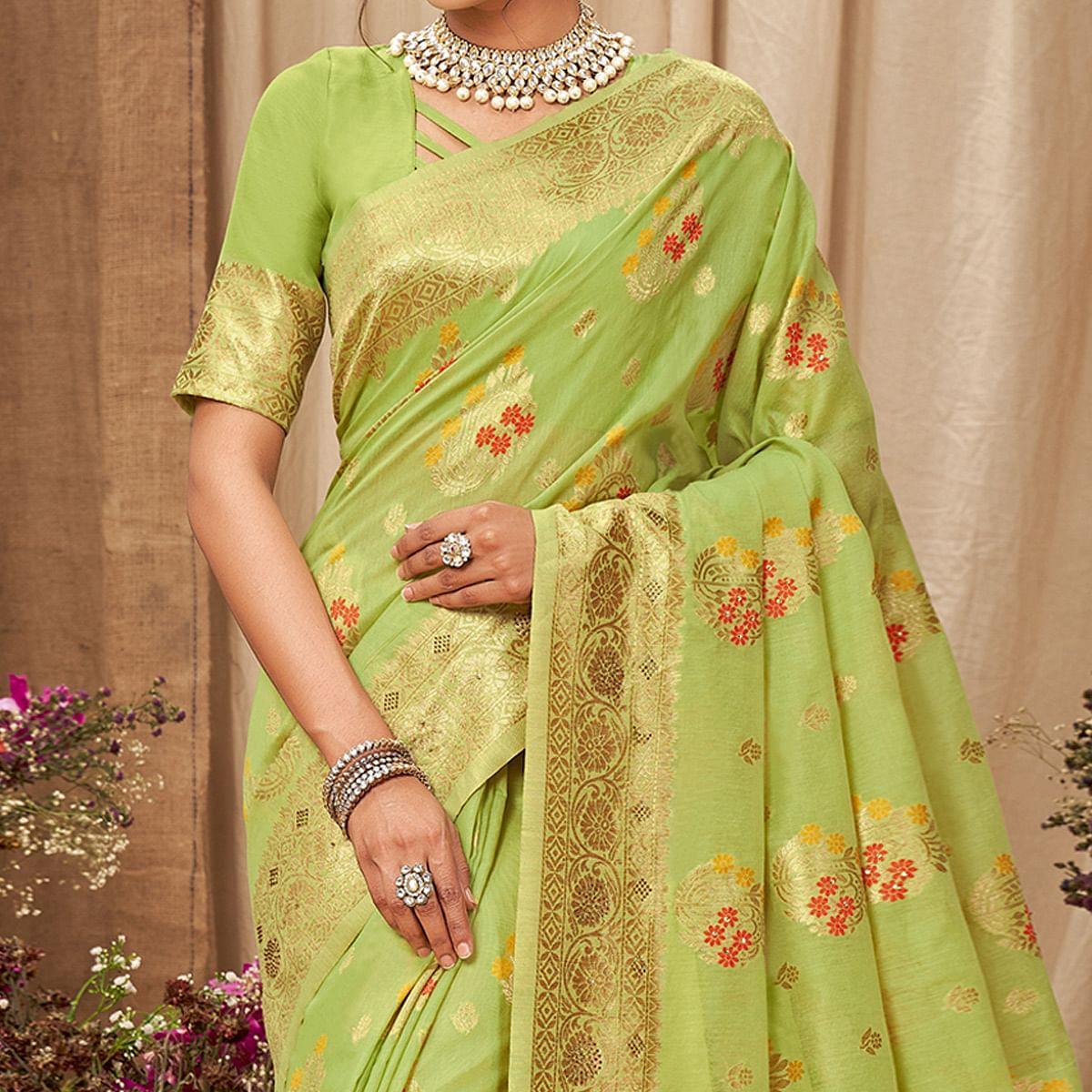 Green Festive Wear Woven With Embellished Cotton Saree With Tassels - Peachmode