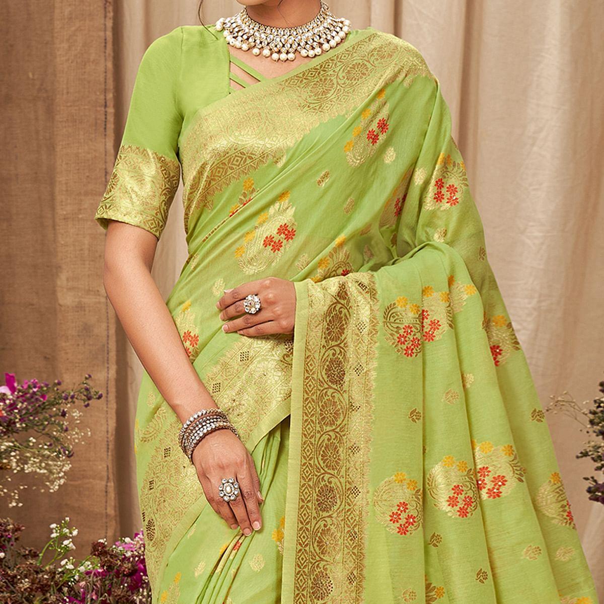 Green Festive Wear Woven With Embellished Cotton Saree With Tassels - Peachmode