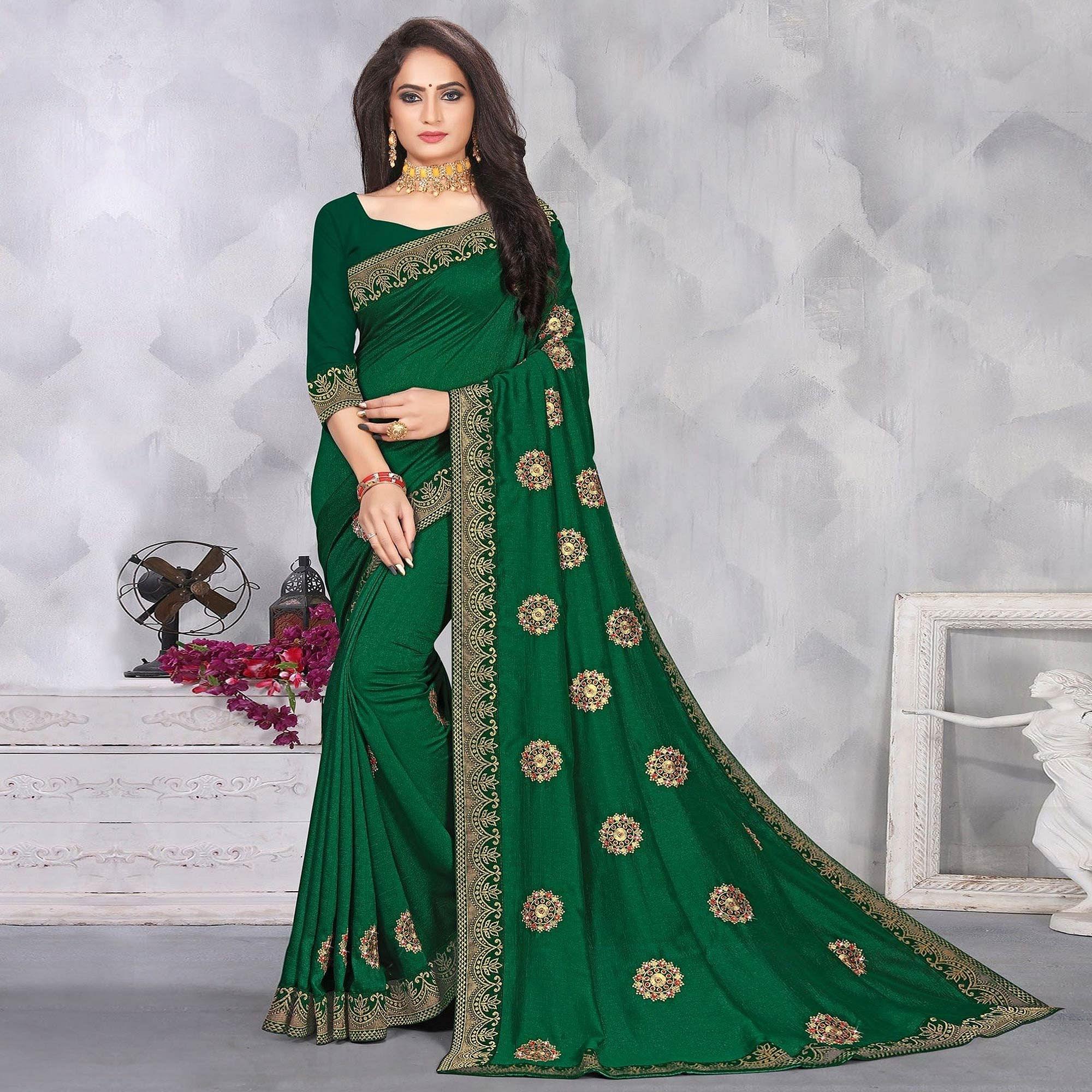 Green Festive Wear Woven With Embellished Vichitra Silk Saree - Peachmode