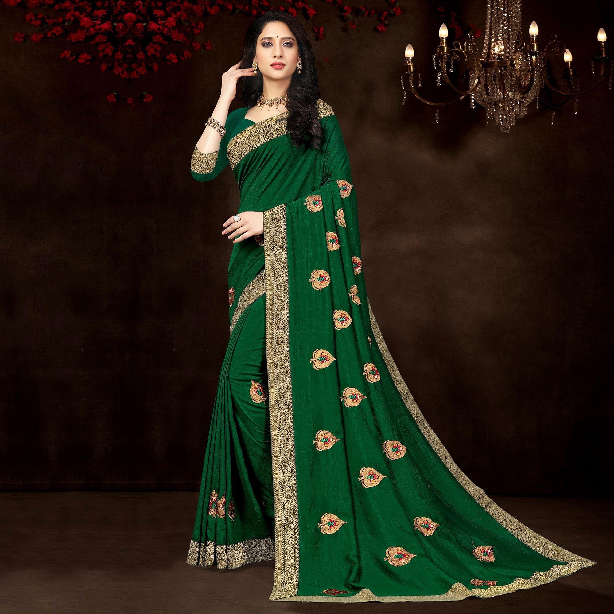 Green Festive Wear Woven With Embroidered Silk Designer Saree - Peachmode