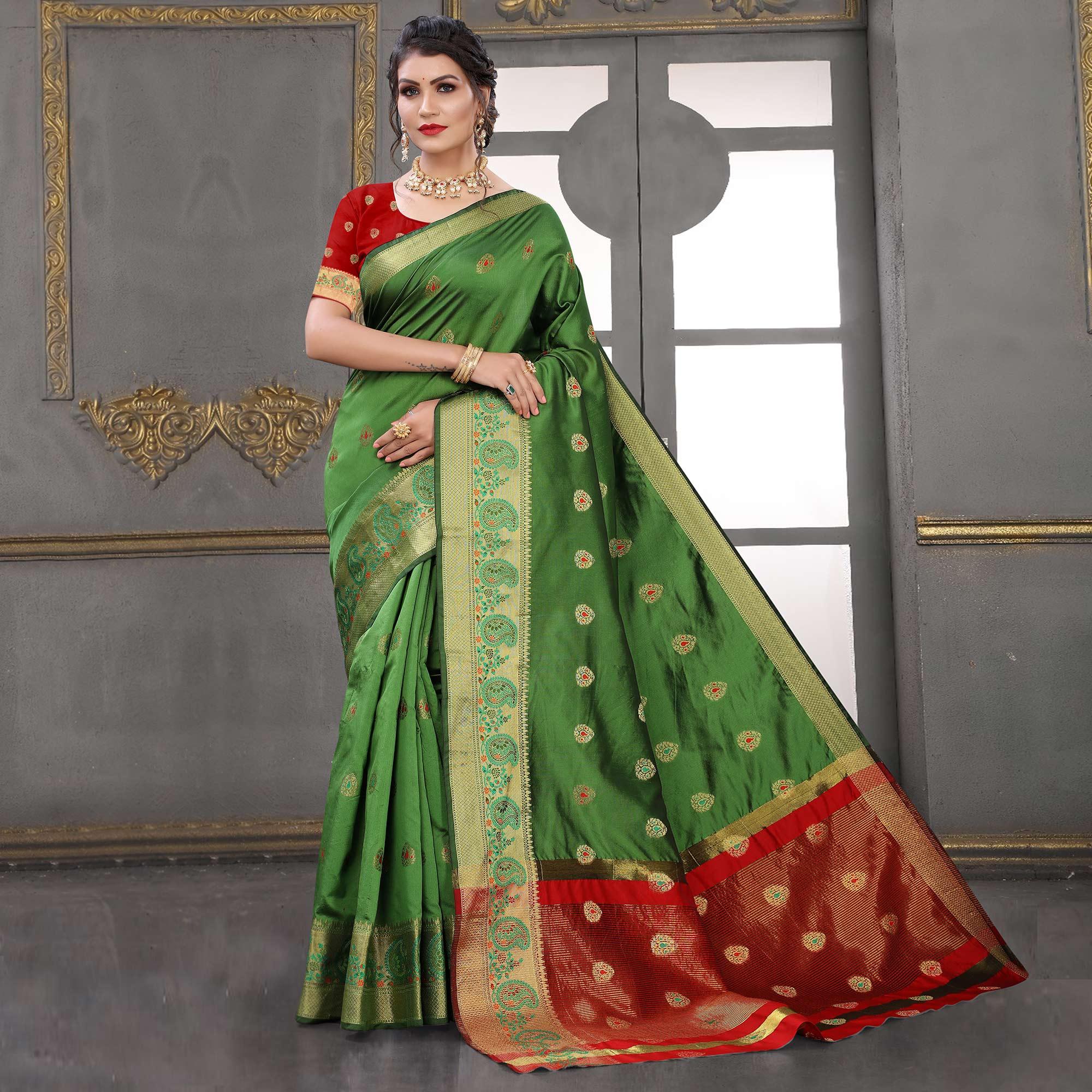 Green Festive Wear Woven With Meena Butta Lining Pallu Soft Silk Saree - Peachmode