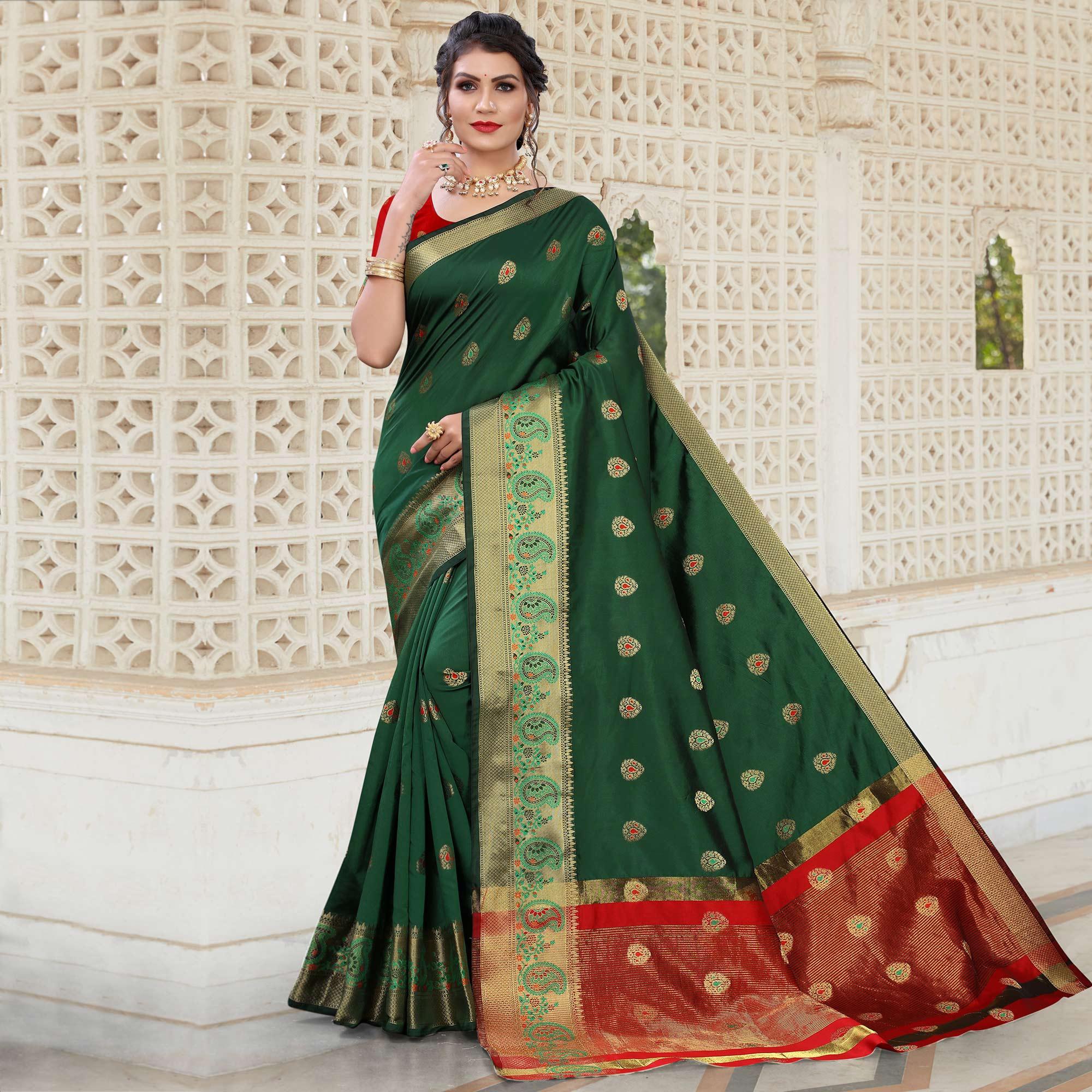 Green Festive Wear Woven With Meena Butta Lining Pallu Soft Silk Saree - Peachmode